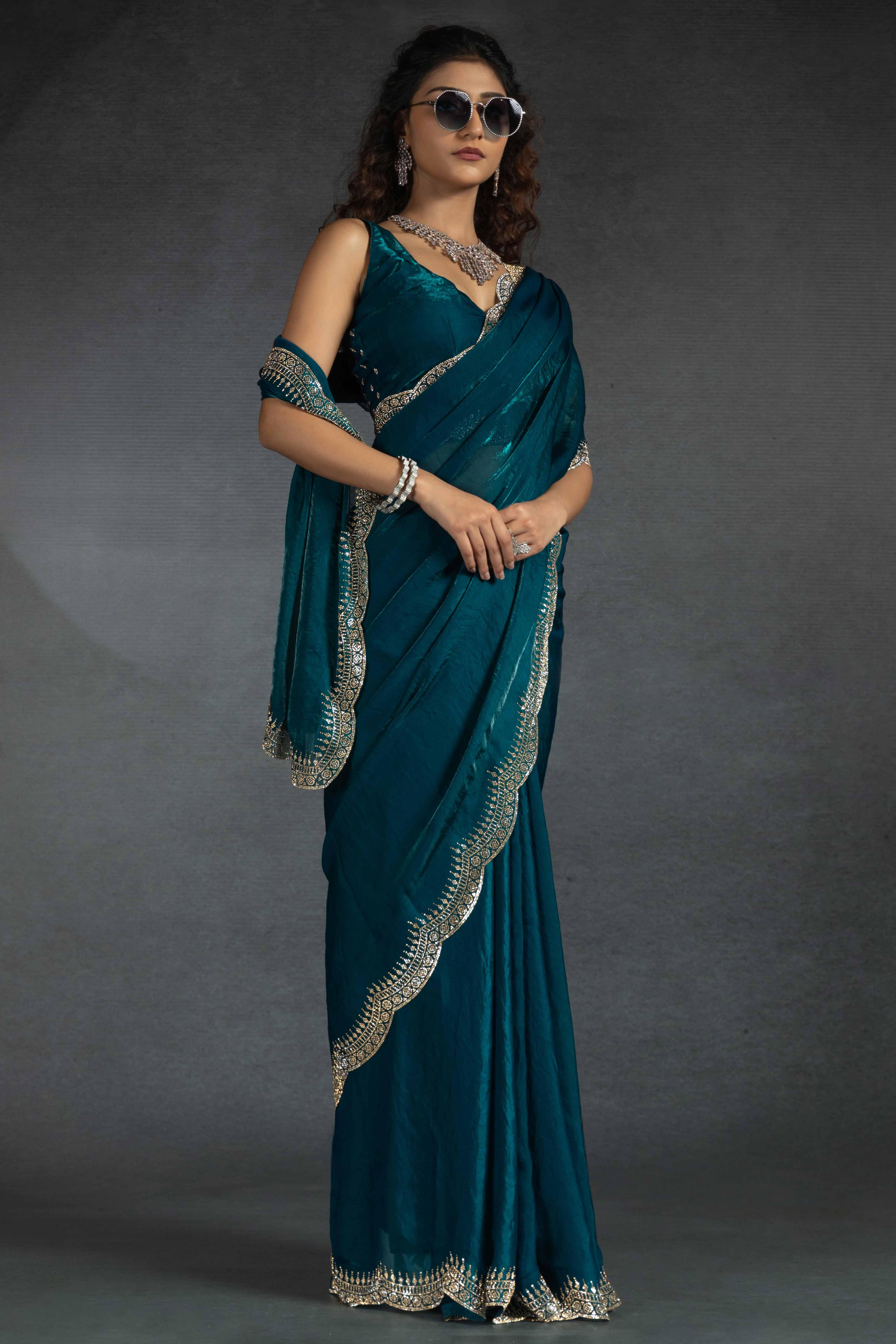 Teal Satin Saree Embellished with Stones for a Party Look