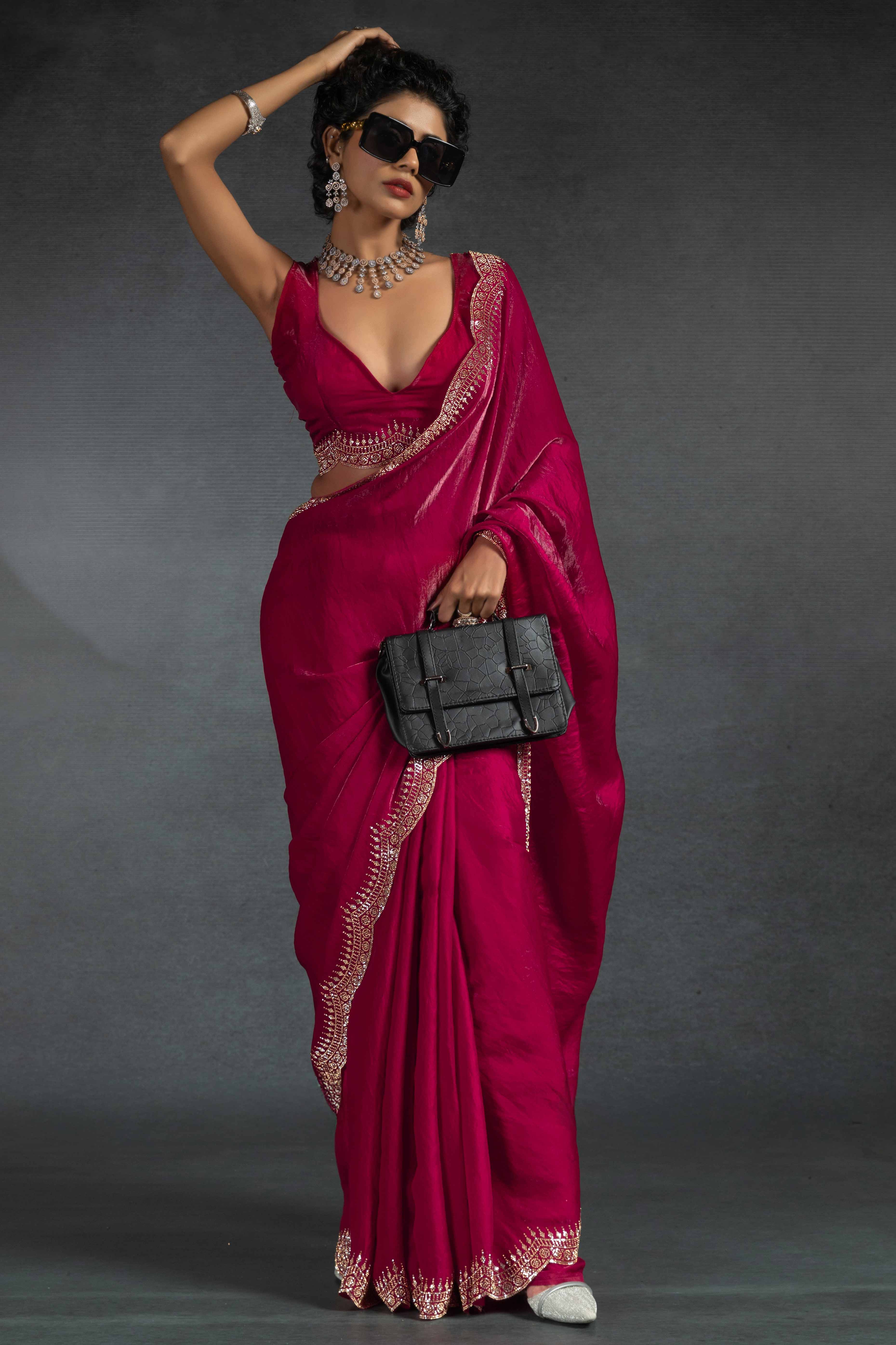 Pink Satin Saree Embellished with Stones for a Party Look