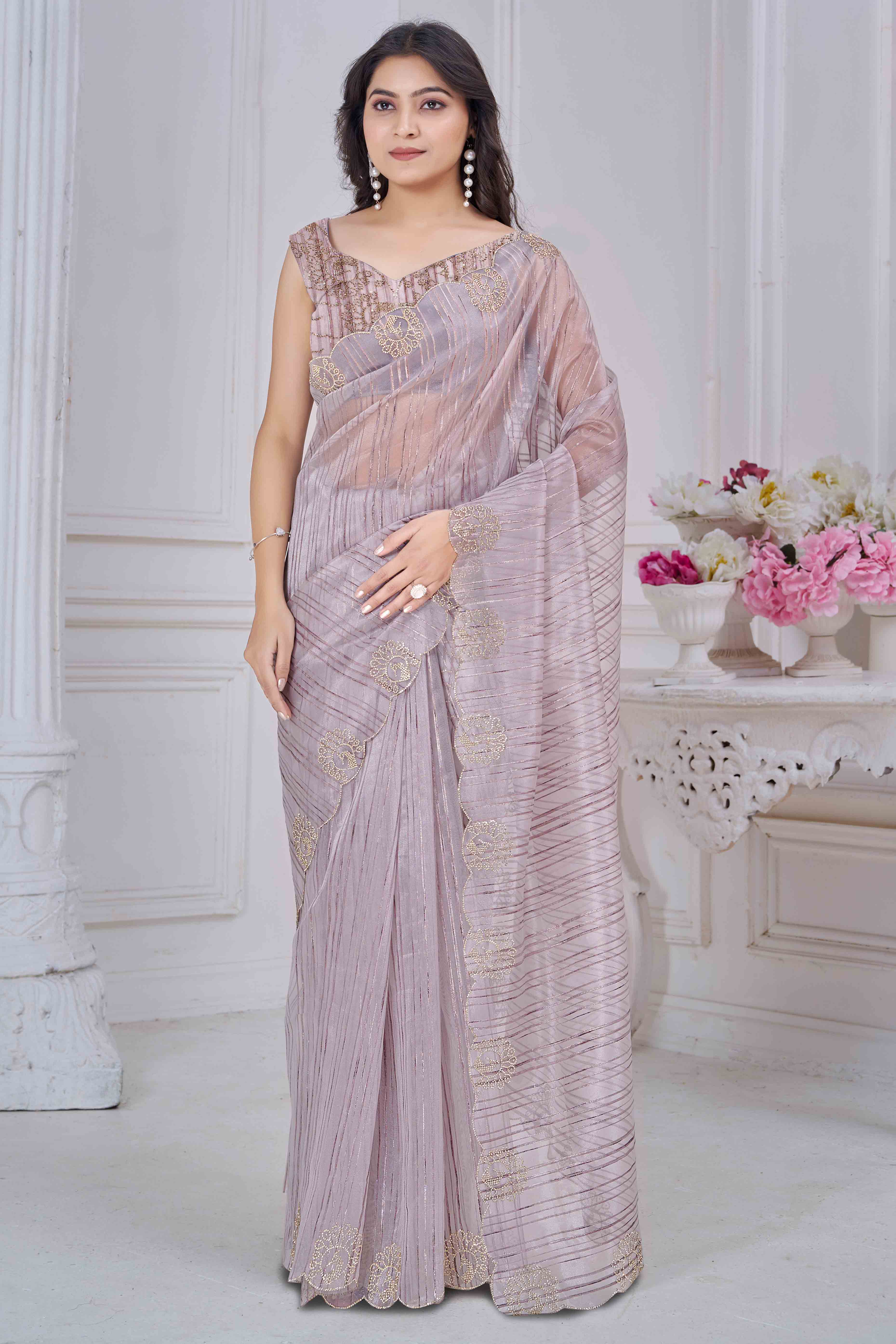 Lilac Grey Cotton Blend Saree with Modern Stripes and Delicate Stone Embroidery