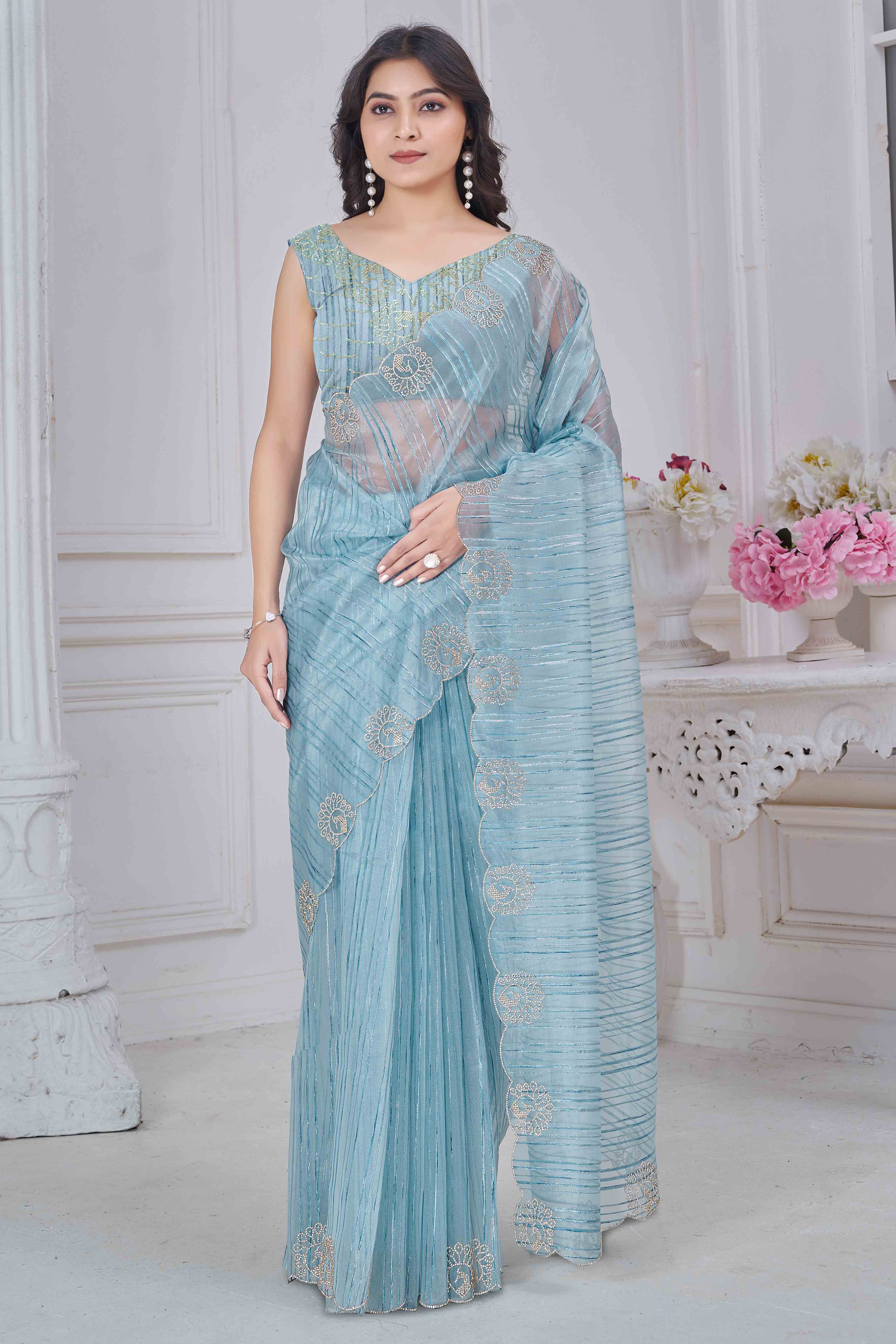 Sky Blue Cotton Blend Saree with Modern Stripes and Delicate Stone Embroidery