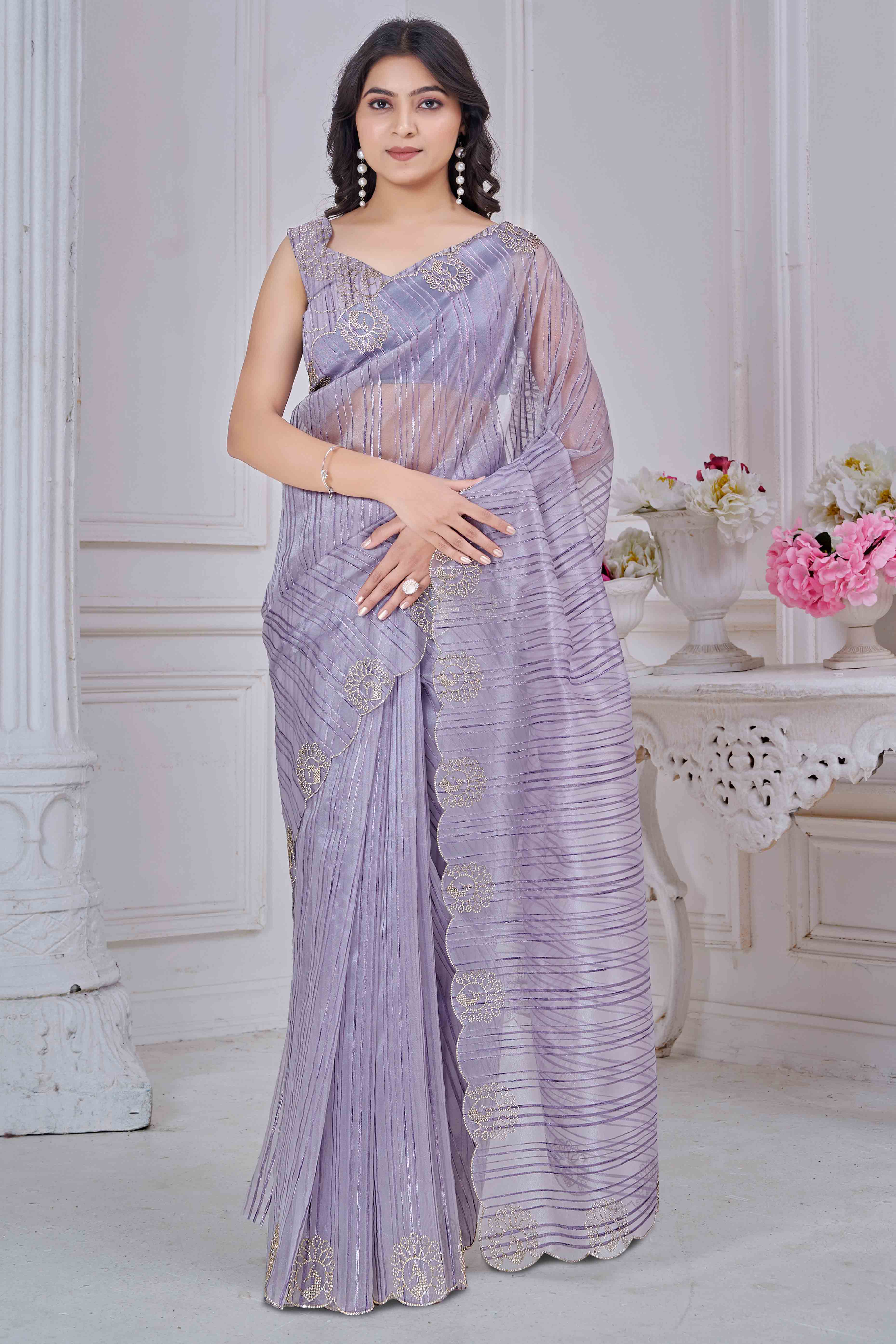 Lavender Cotton Blend Saree with Modern Stripes and Delicate Stone Embroidery