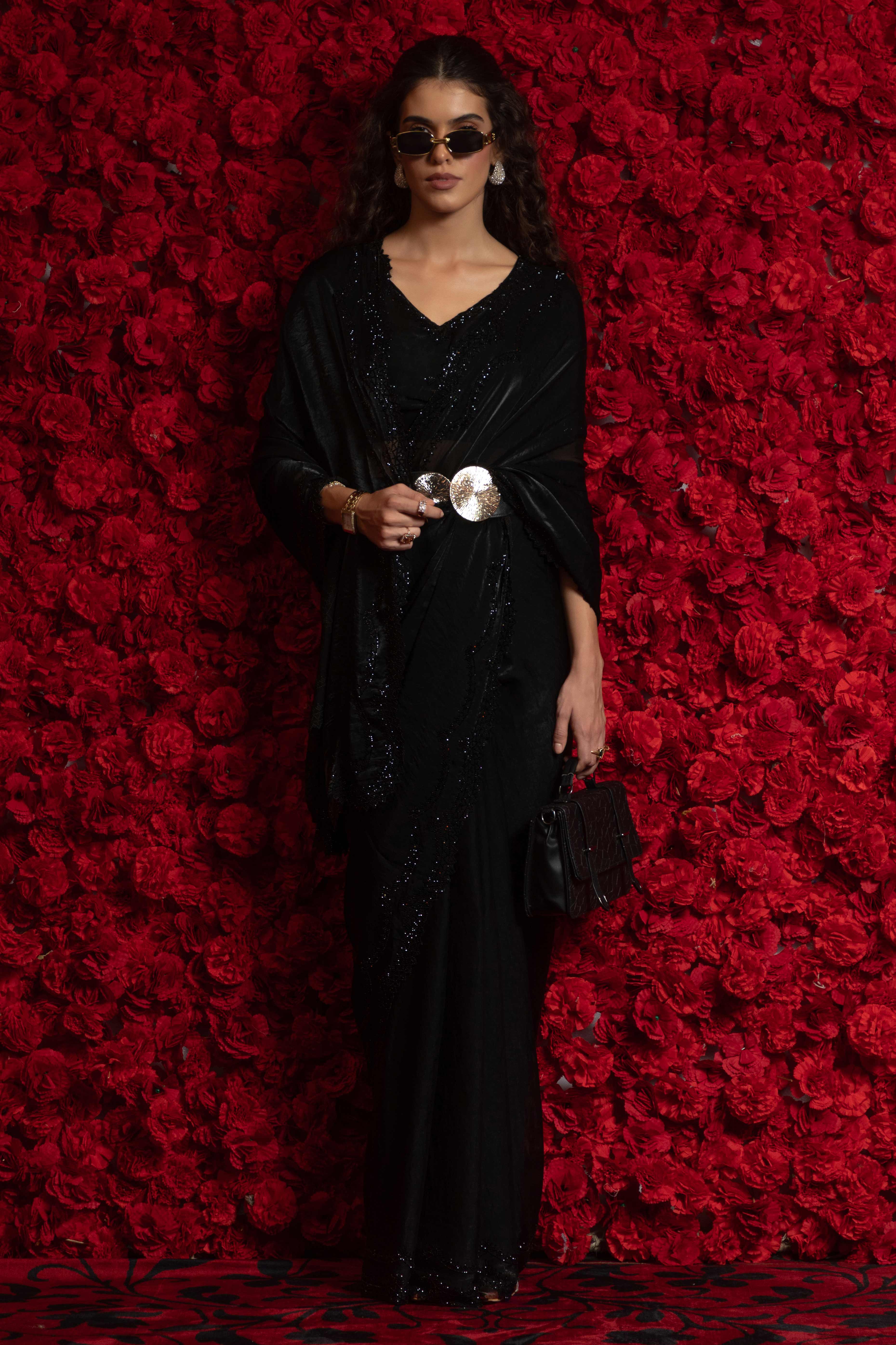 Designer Black Satin Silk Saree with Luxe Stone Accents