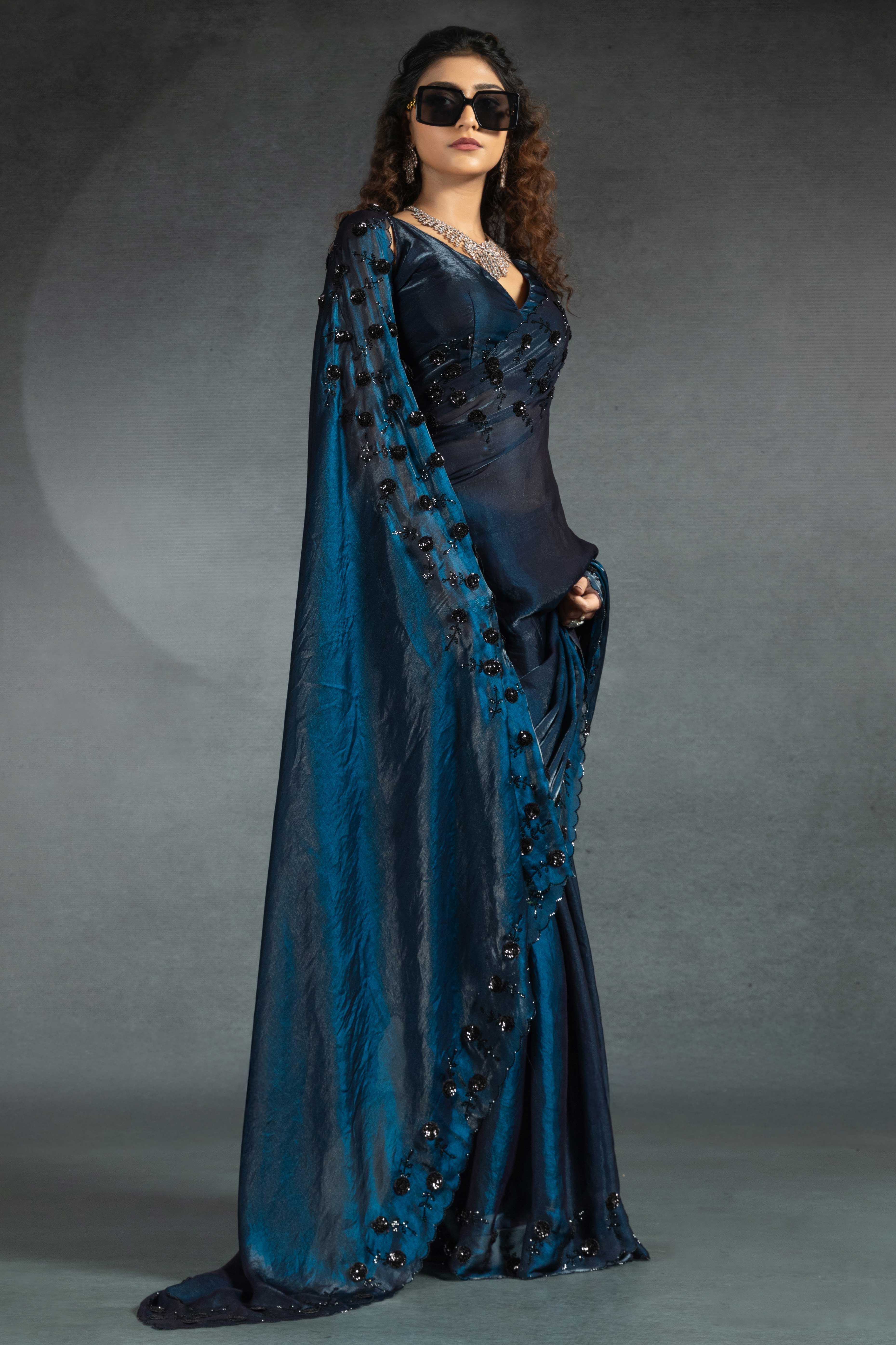 Dark Teal Satin Saree with Stone and Sequin Embellishment