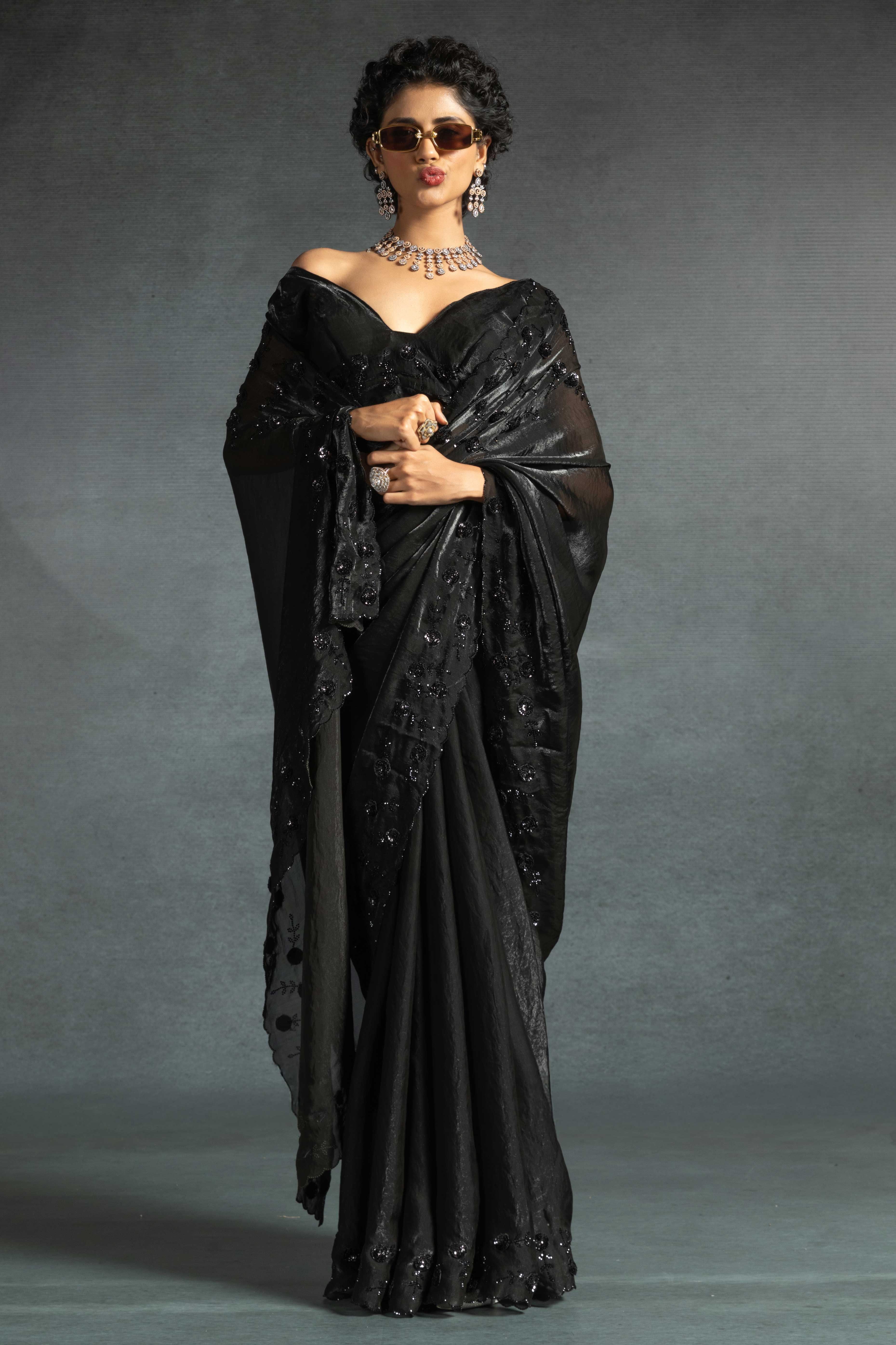 Black Satin Saree with Stone and Sequin Embellishment