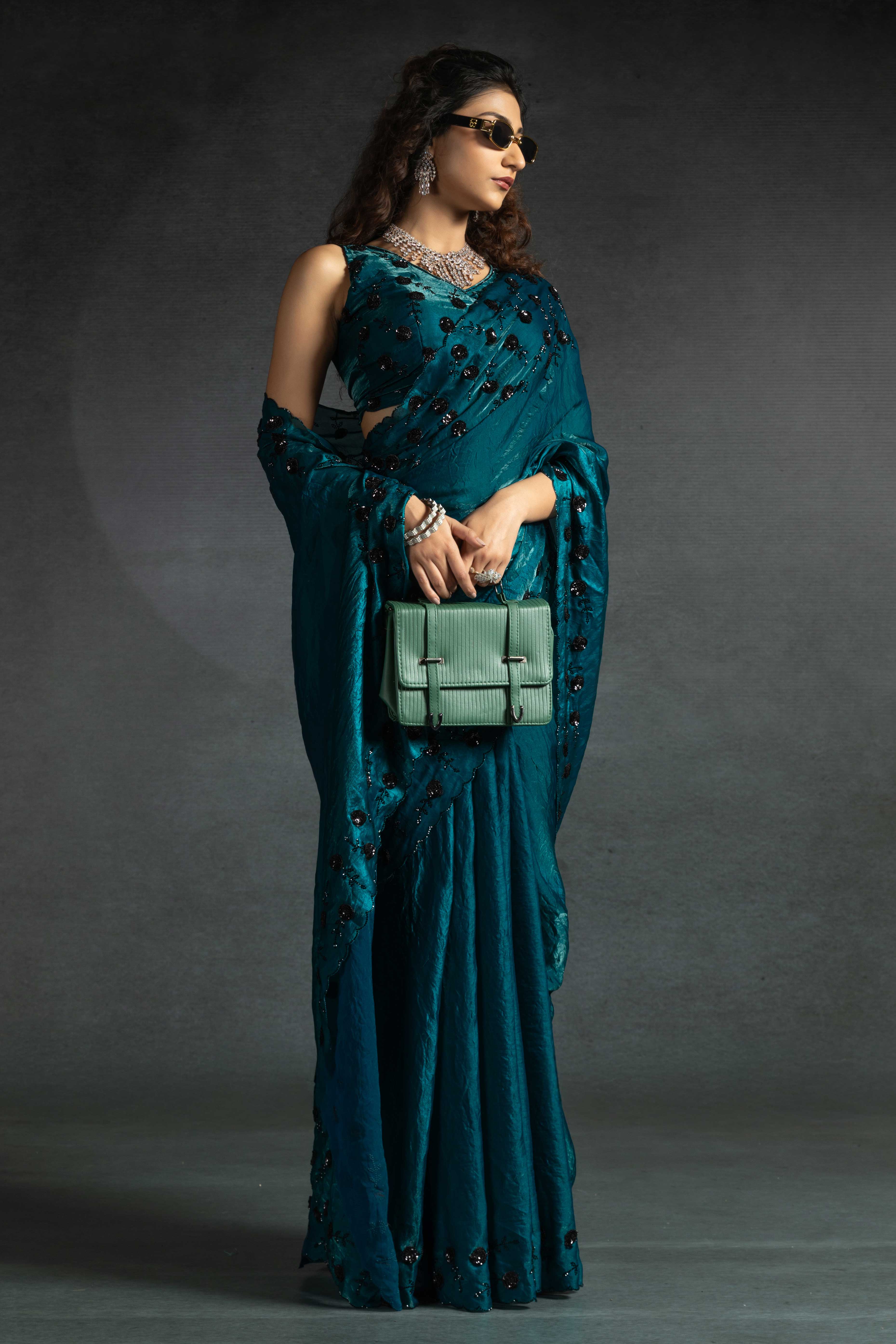 Teal Satin Saree with Stone and Sequin Embellishment