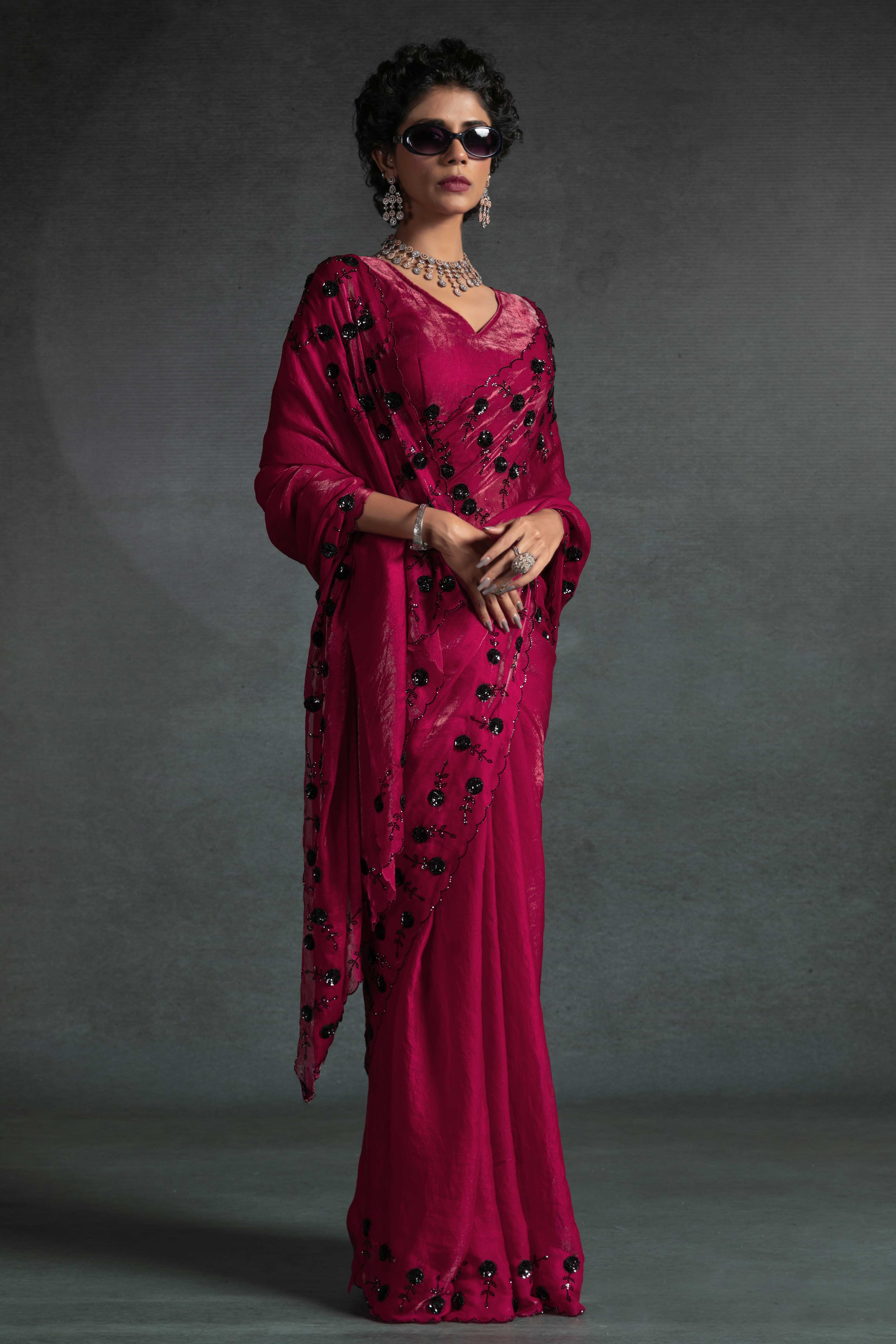 Ruby Pink Satin Saree with Stone and Sequin Embellishment