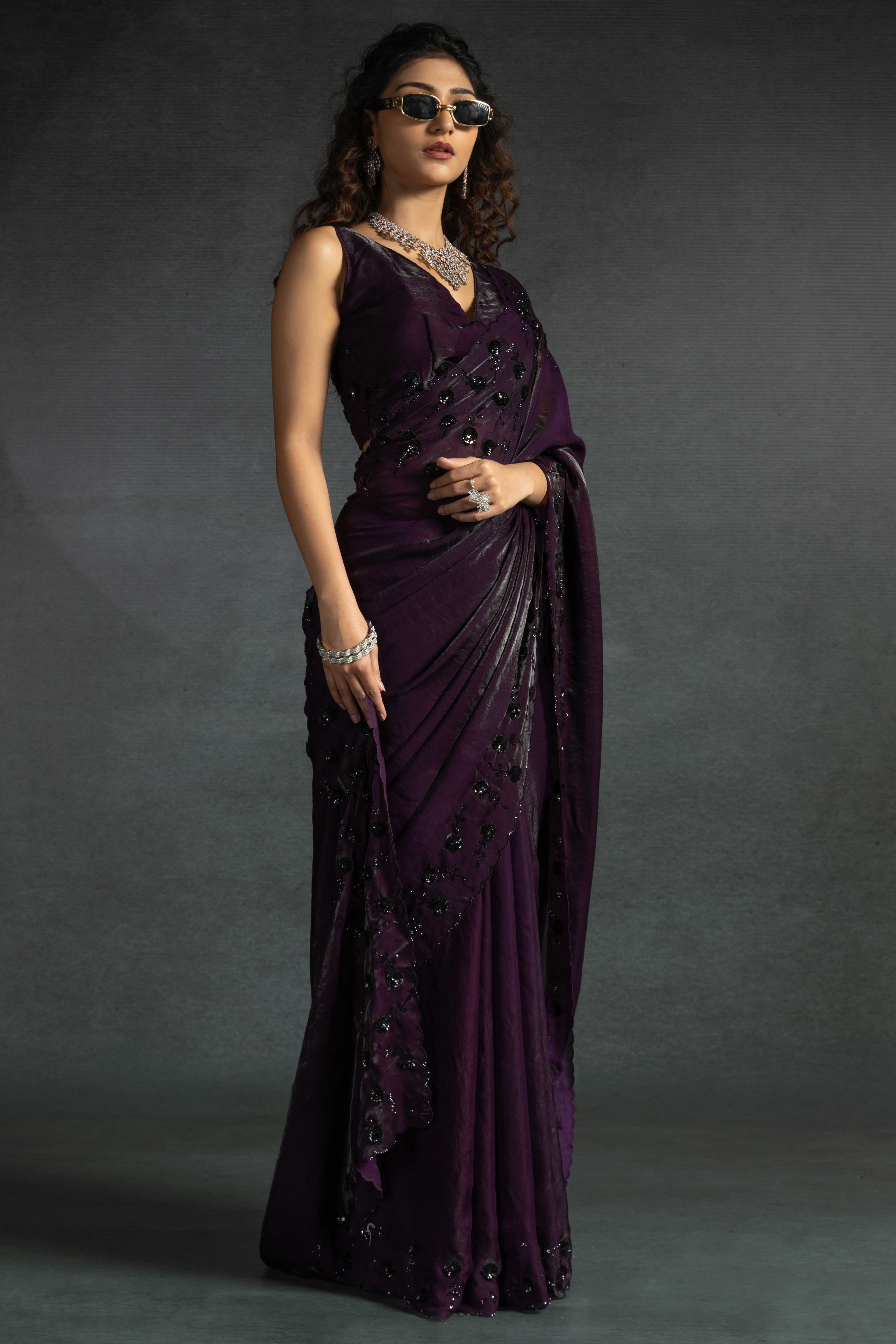 Dark Purple Satin Saree with Stone and Sequin Embellishment