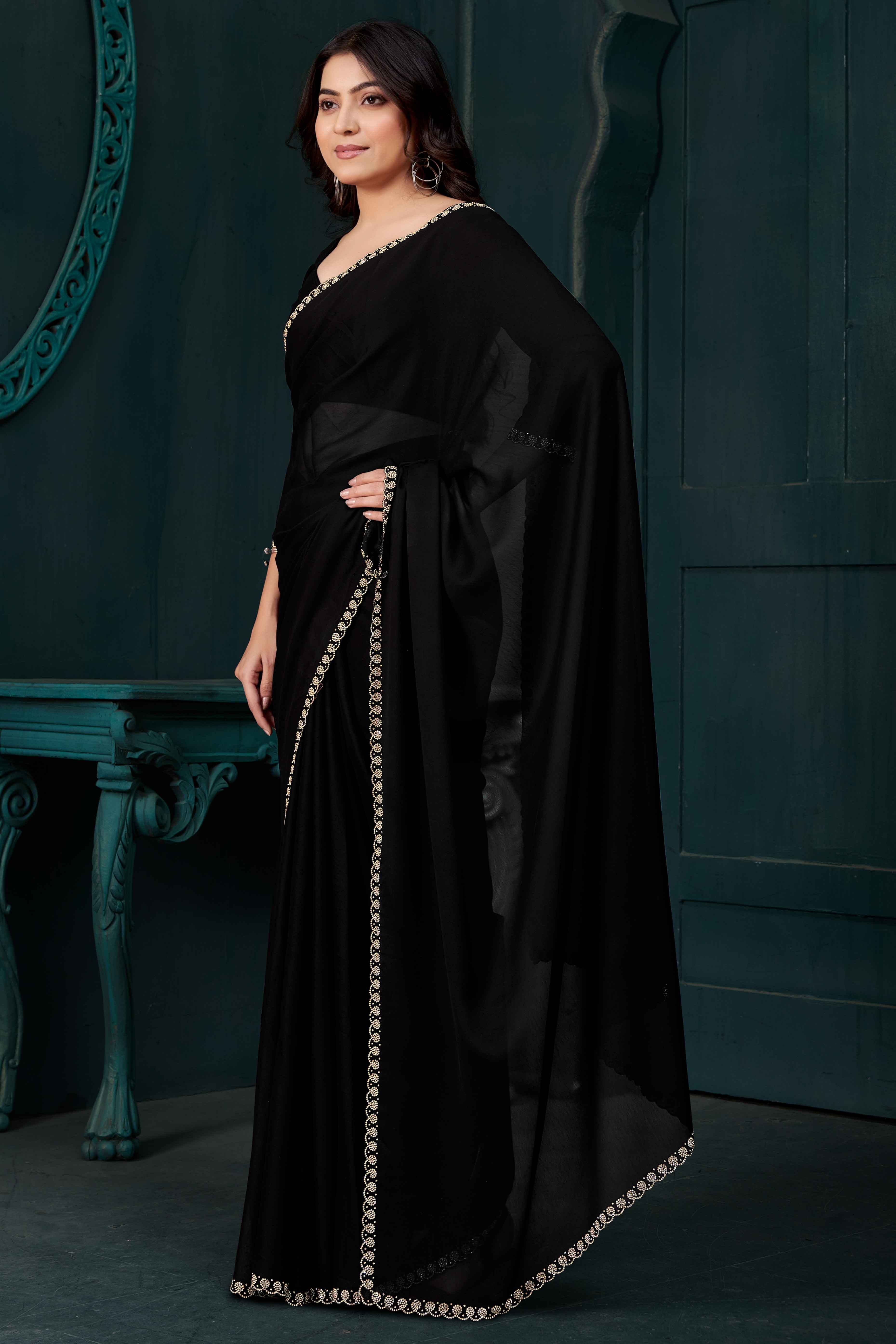 Black Crepe Silk Solid Saree with Elegant Zarkan Border Detailing