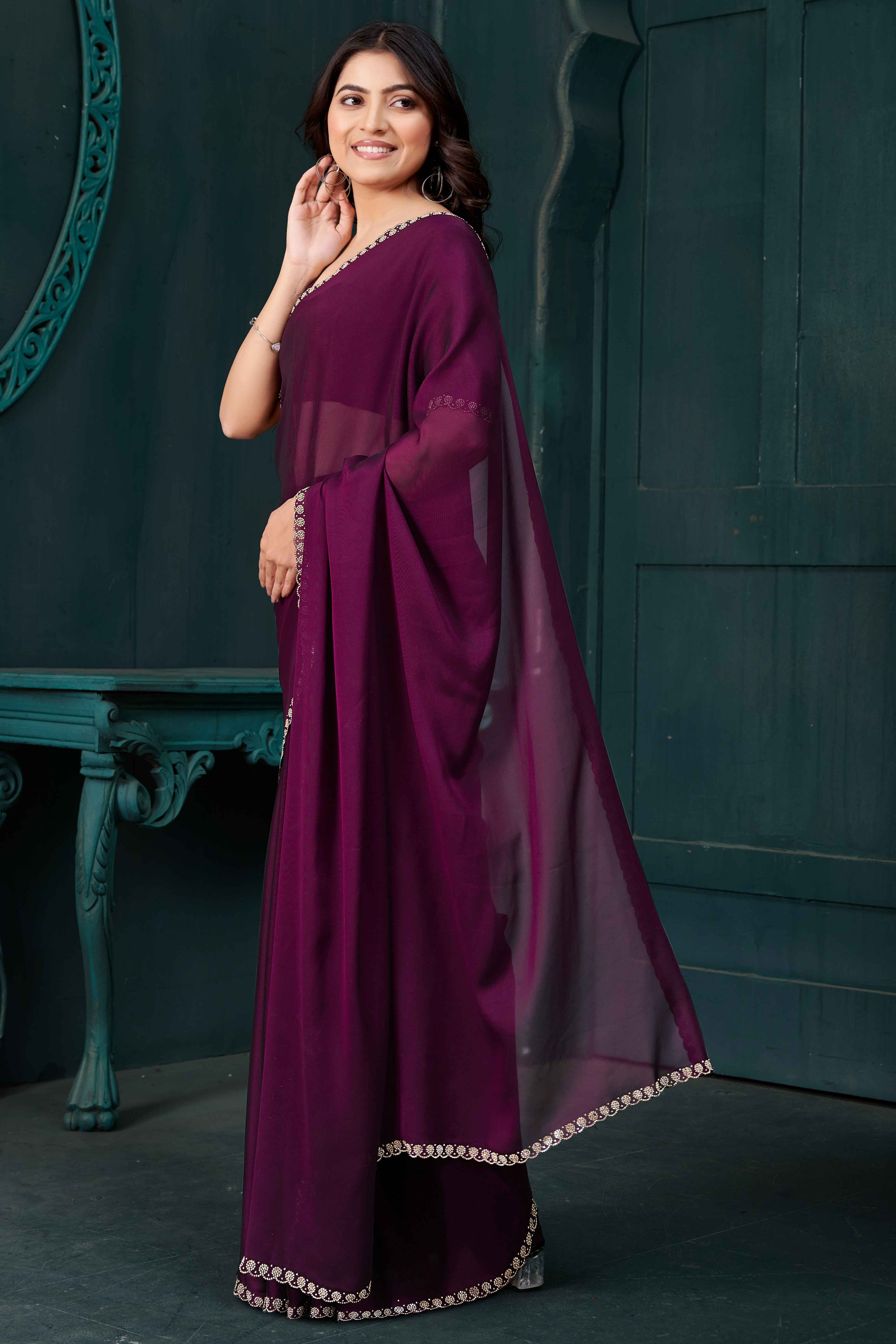 Wine Crepe Silk Solid Saree with Elegant Zarkan Border Detailing