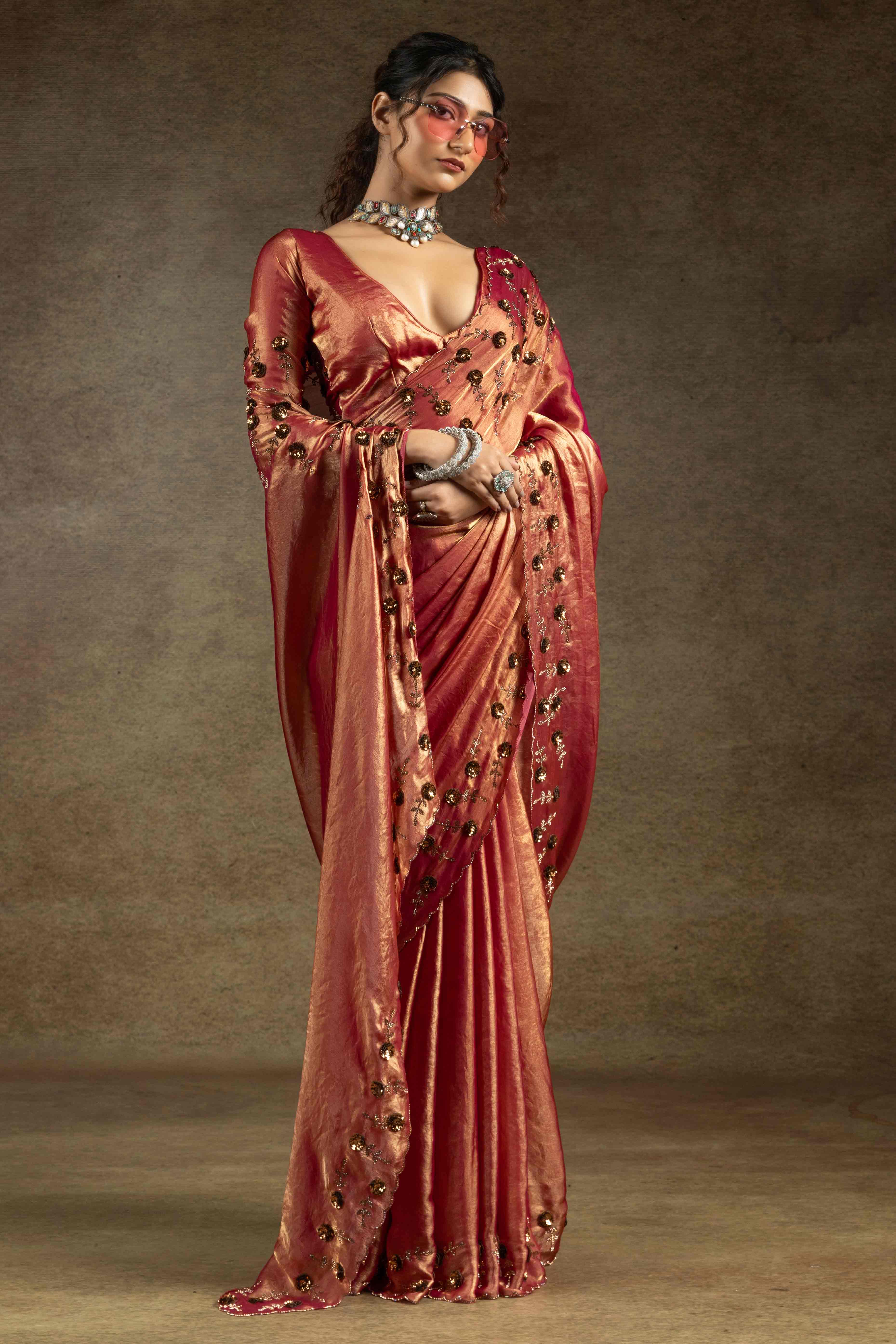 Brick Red Zarkan With Sequin & Beads Work Satin Silk Two Tone Saree