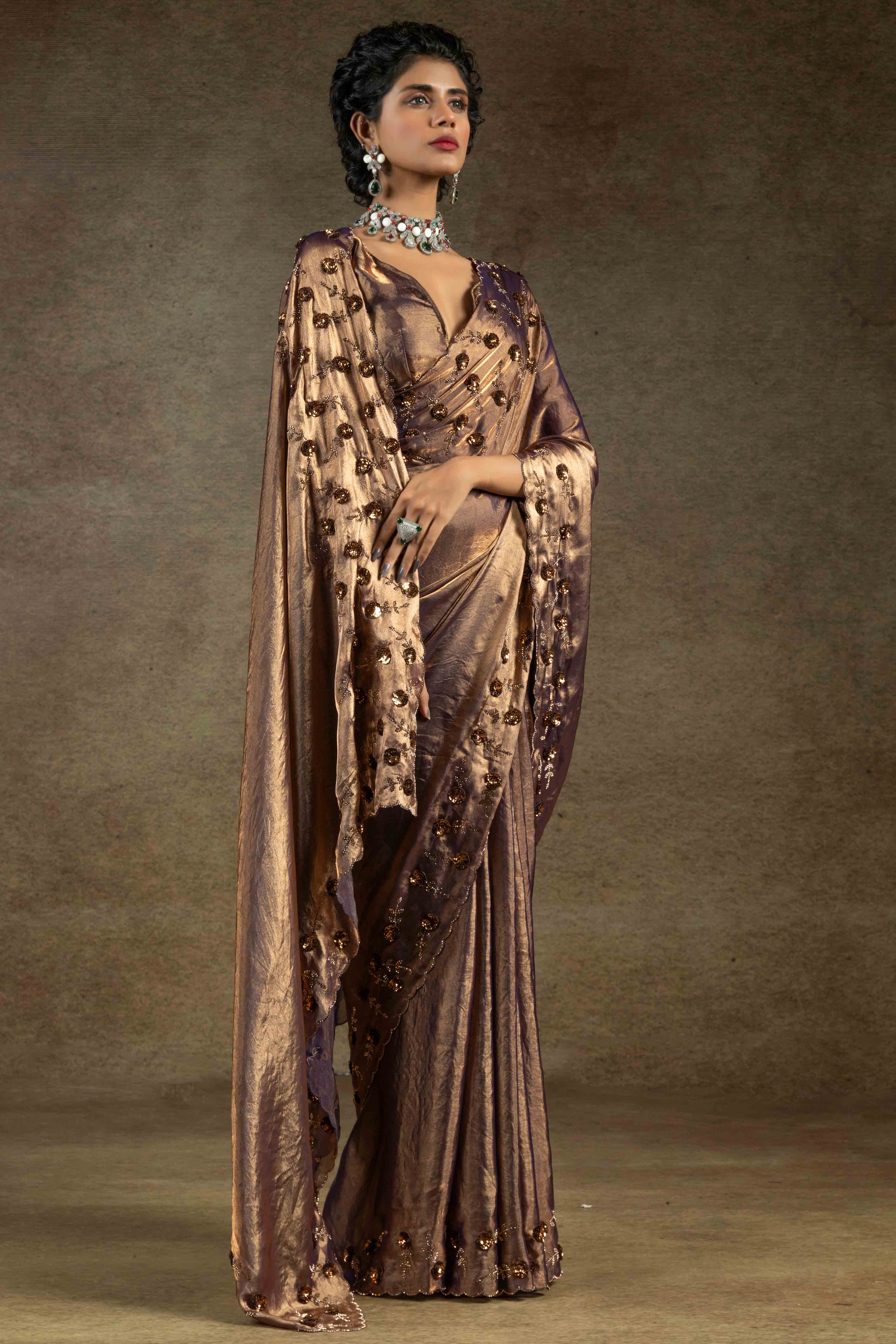 Metallic Bronze Zarkan With Sequin & Beads Work Satin Silk Two Tone Saree