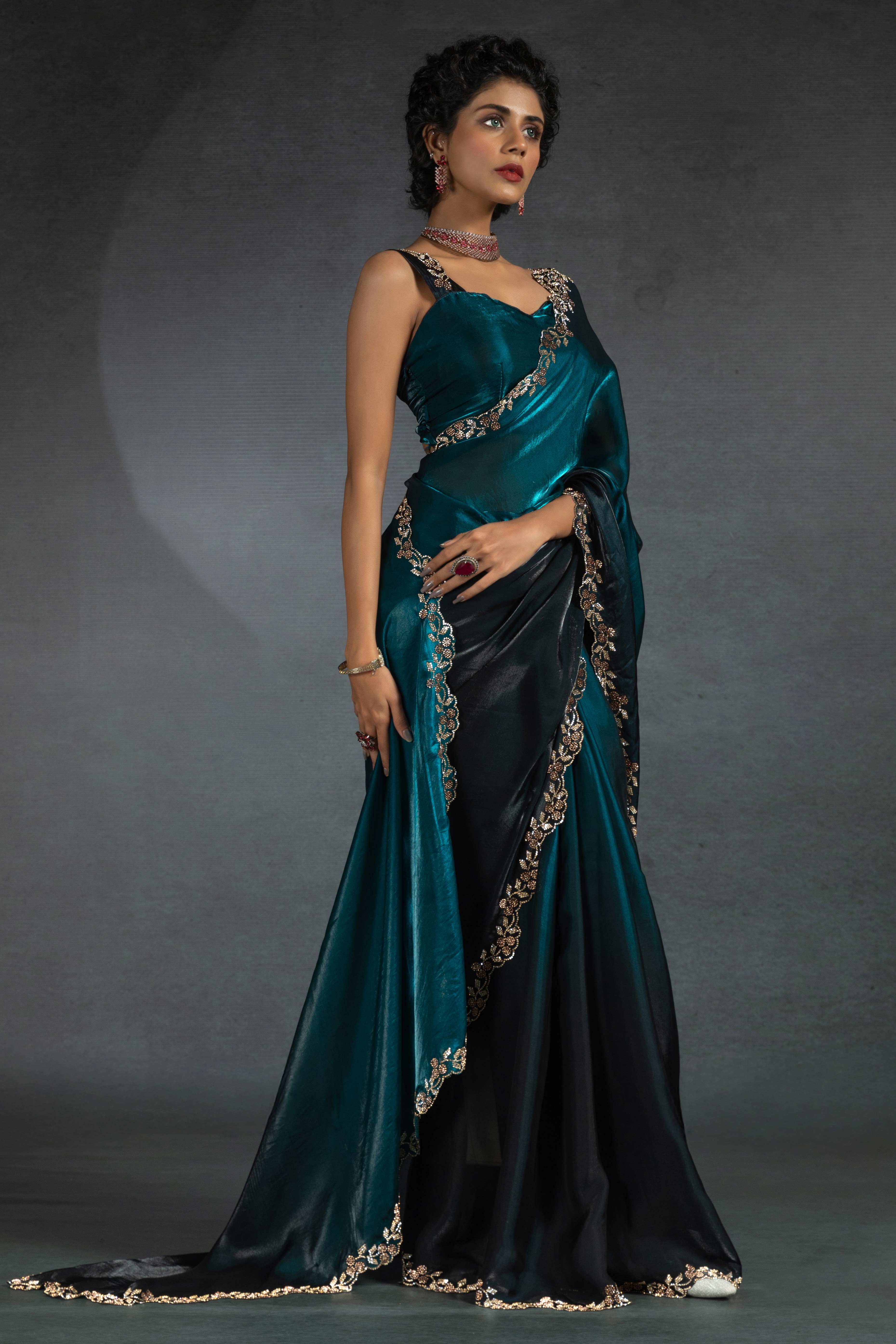 Morpich Blue Satin Silk Two Tone Saree with Intricate Zarkan Embellishments