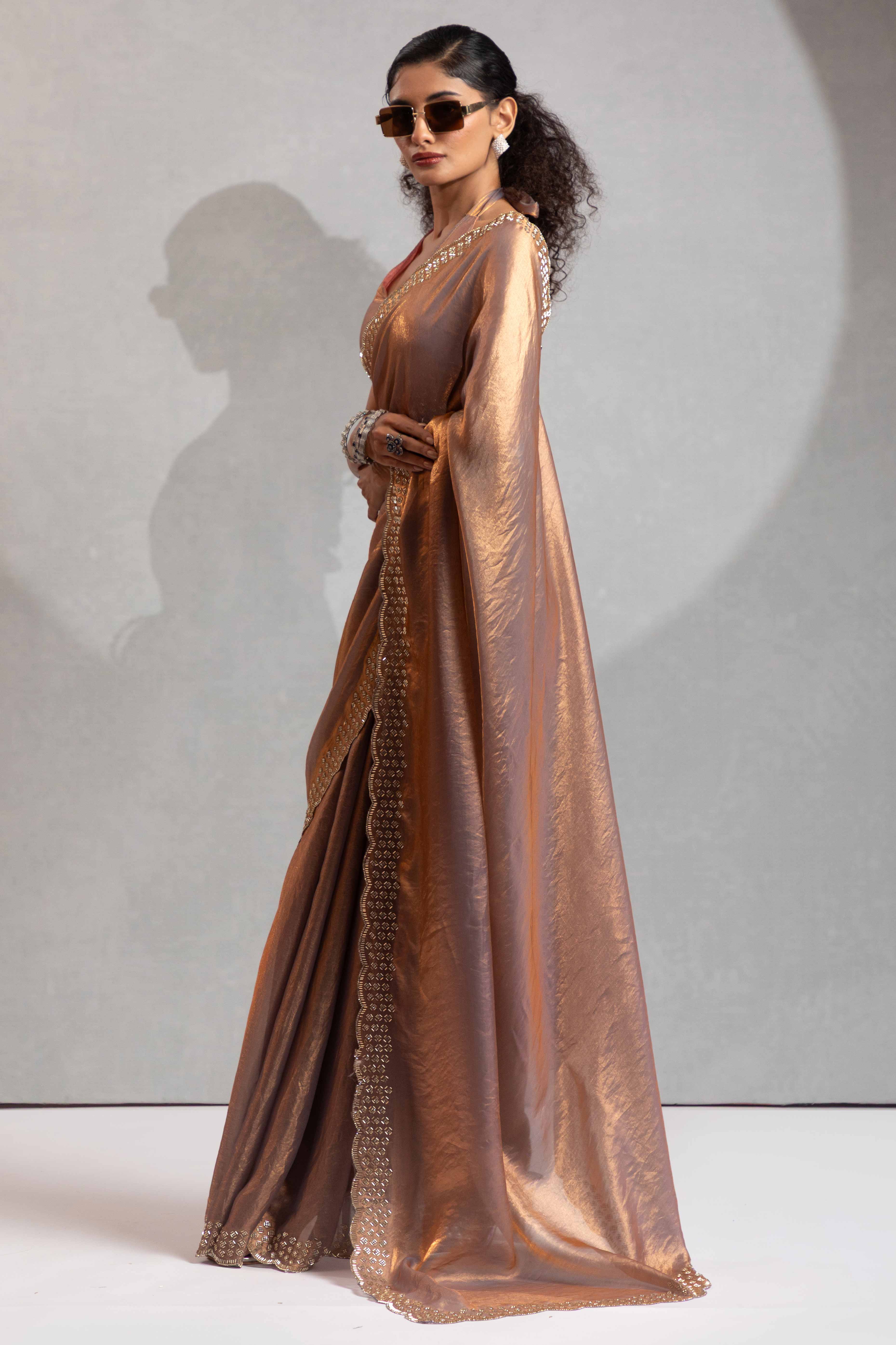 Brown Satin Saree with Glamorous Stone Embellishment