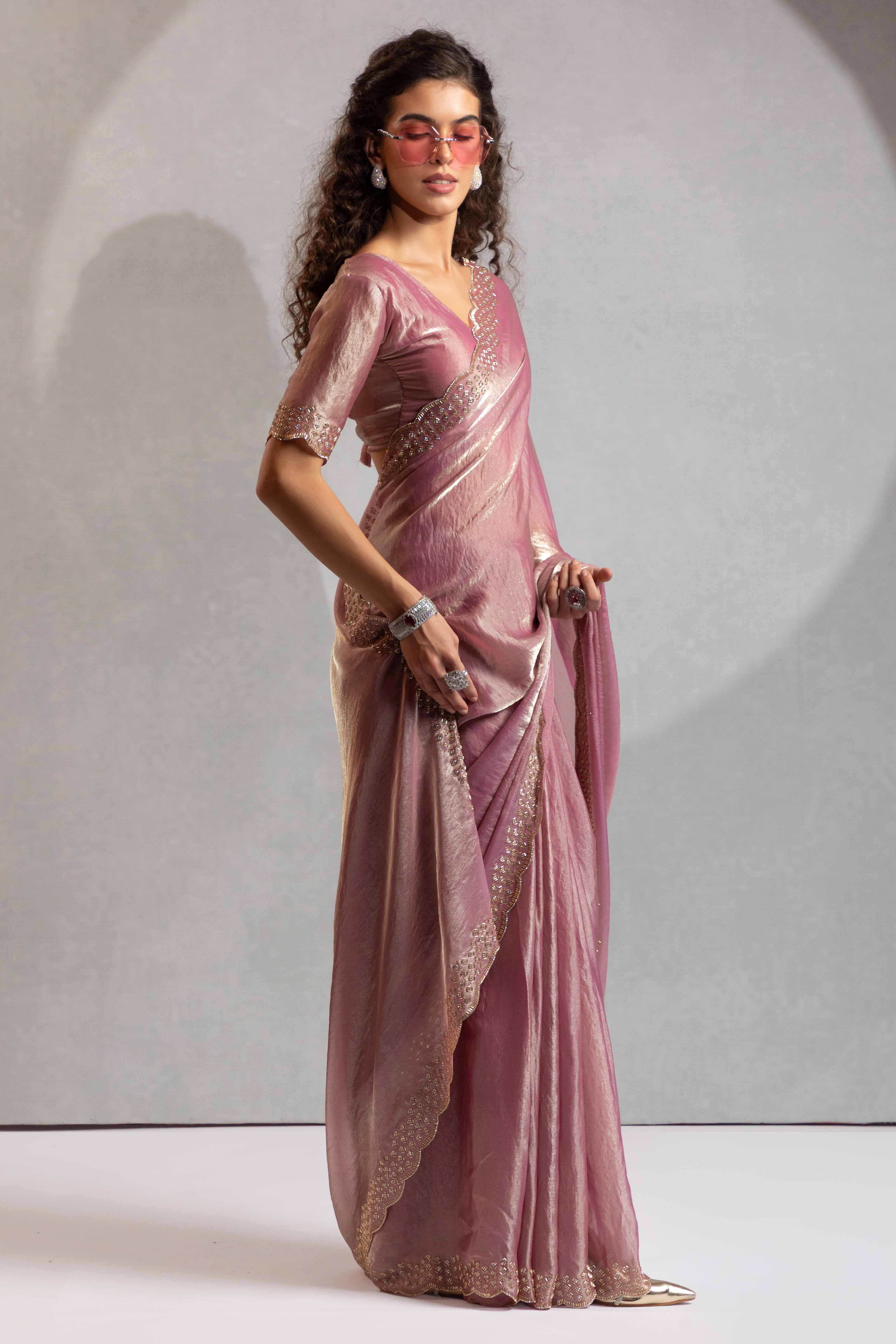 Baby Pink Satin Saree with Glamorous Stone Embellishment