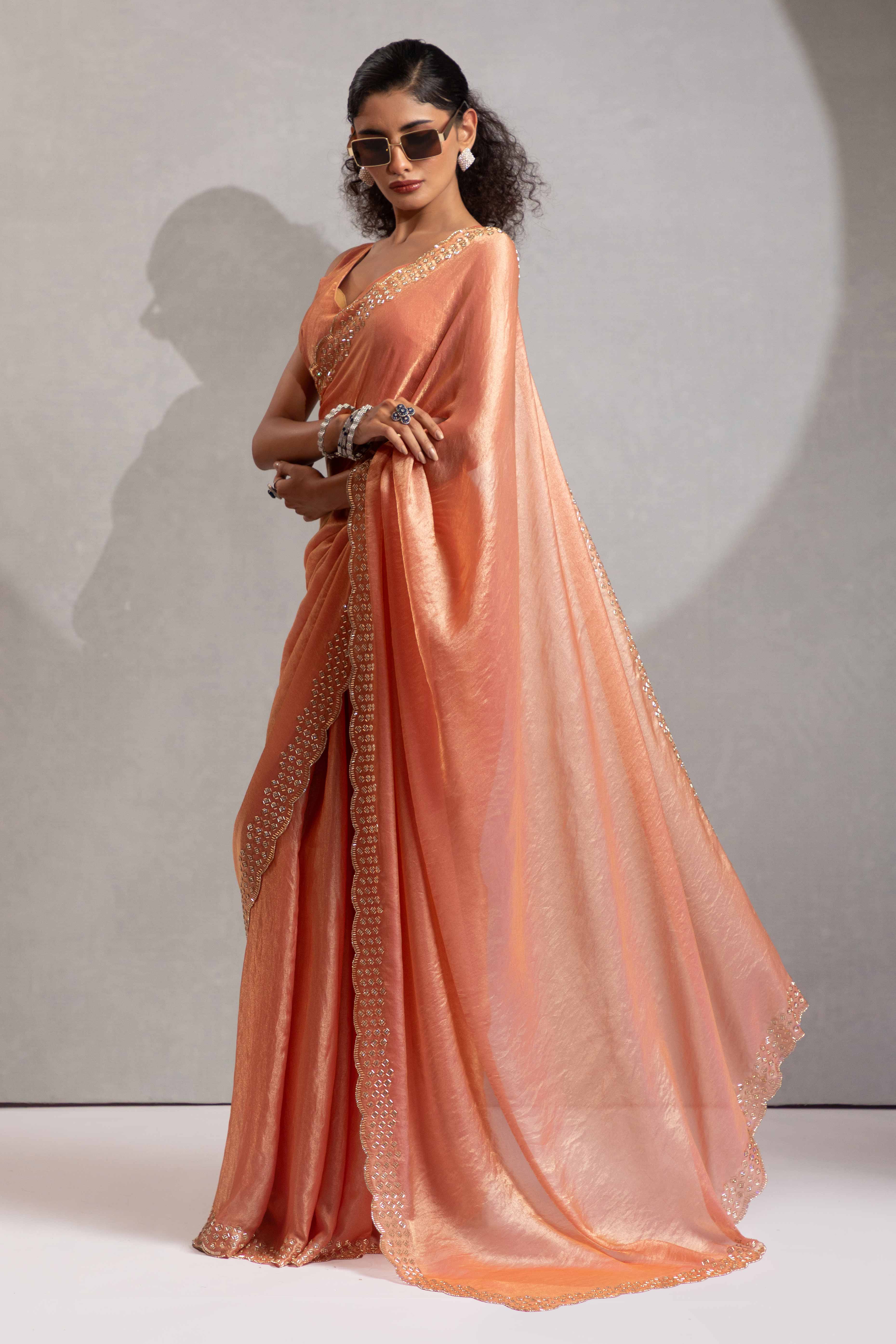 Coral Peach Satin Saree with Glamorous Stone Embellishment