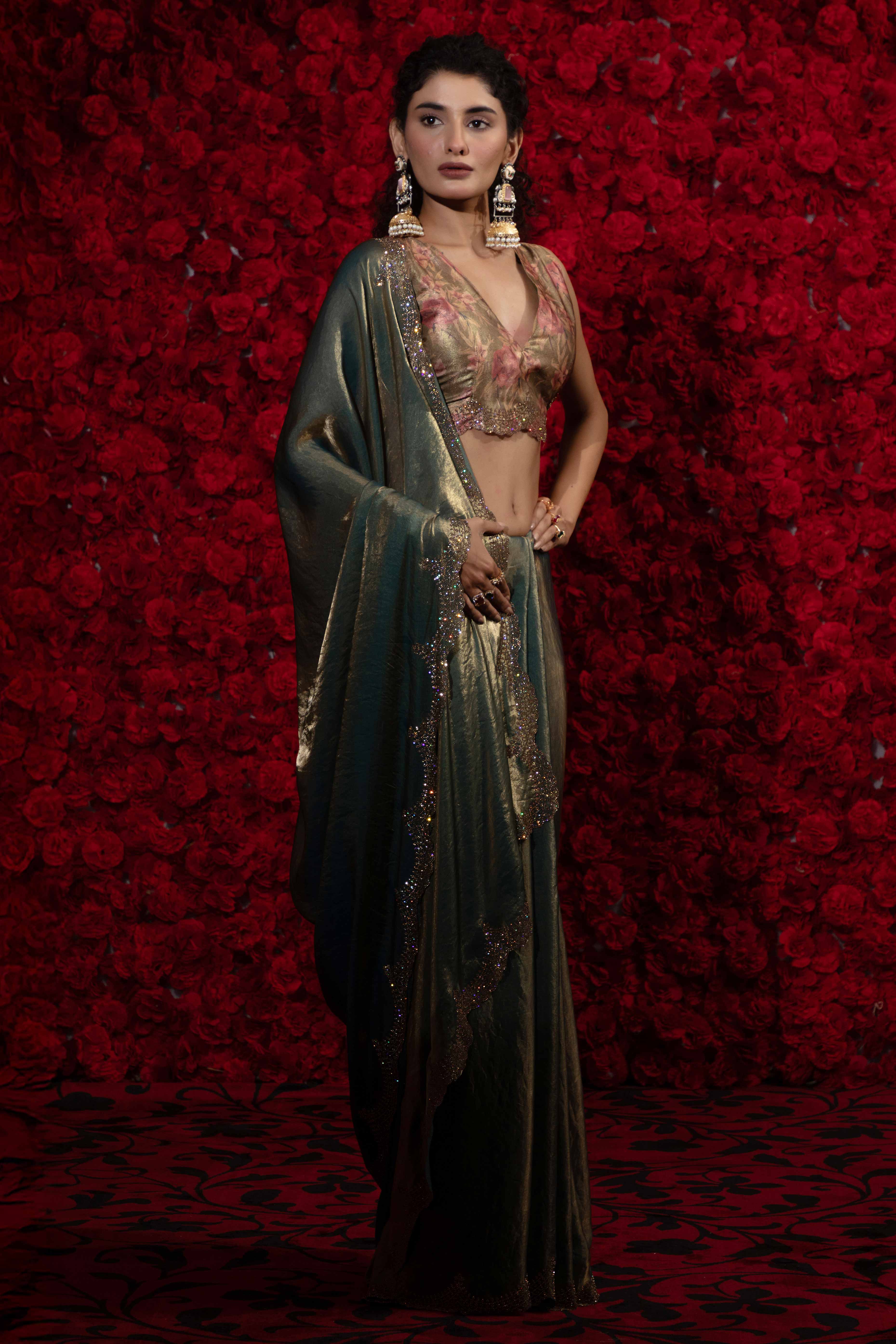 Crushed Satin Silk Embellished Saree in Teal with Sparkling Stone Work