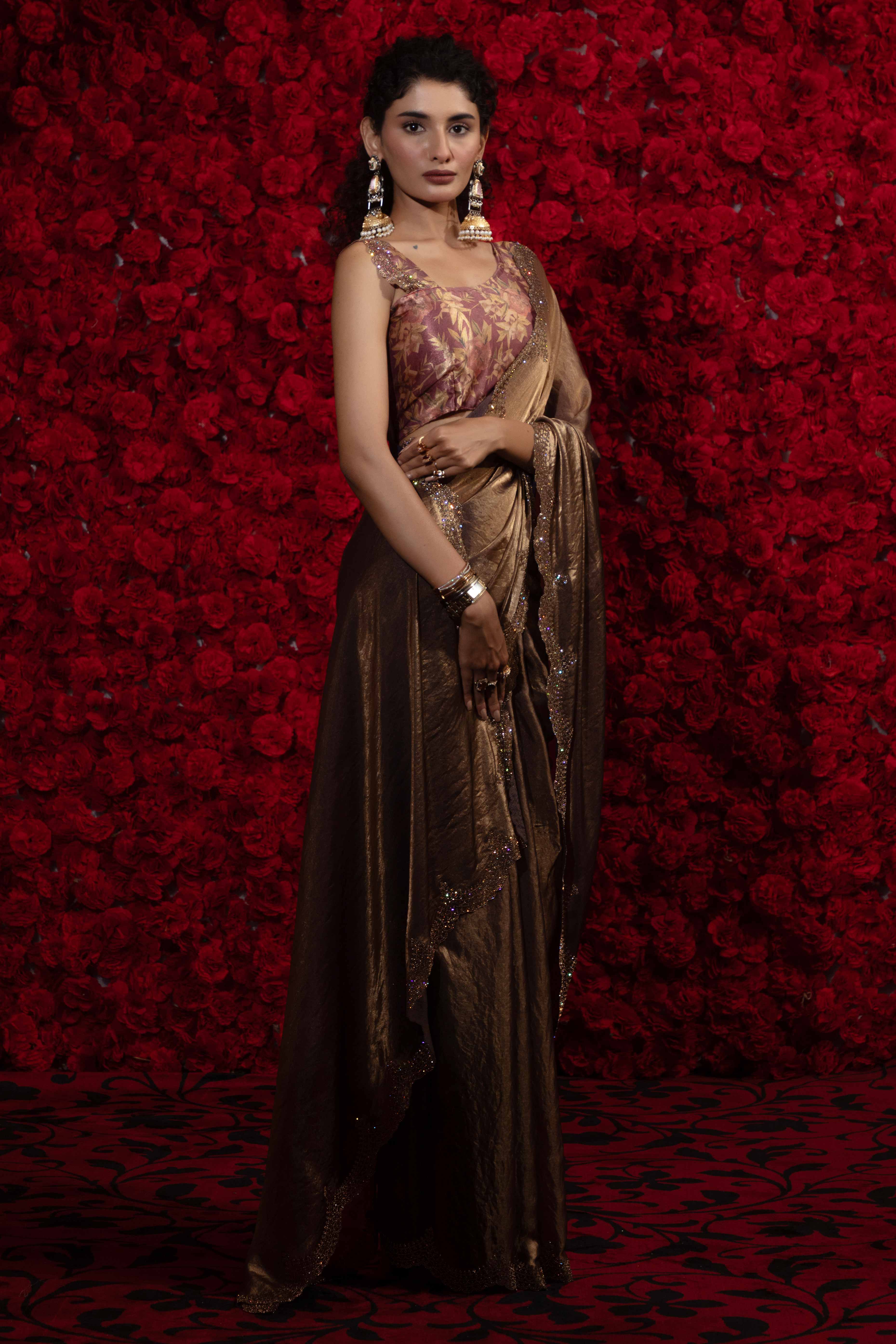 Crushed Satin Silk Embellished Saree in Bronze Brown with Sparkling Stone Work