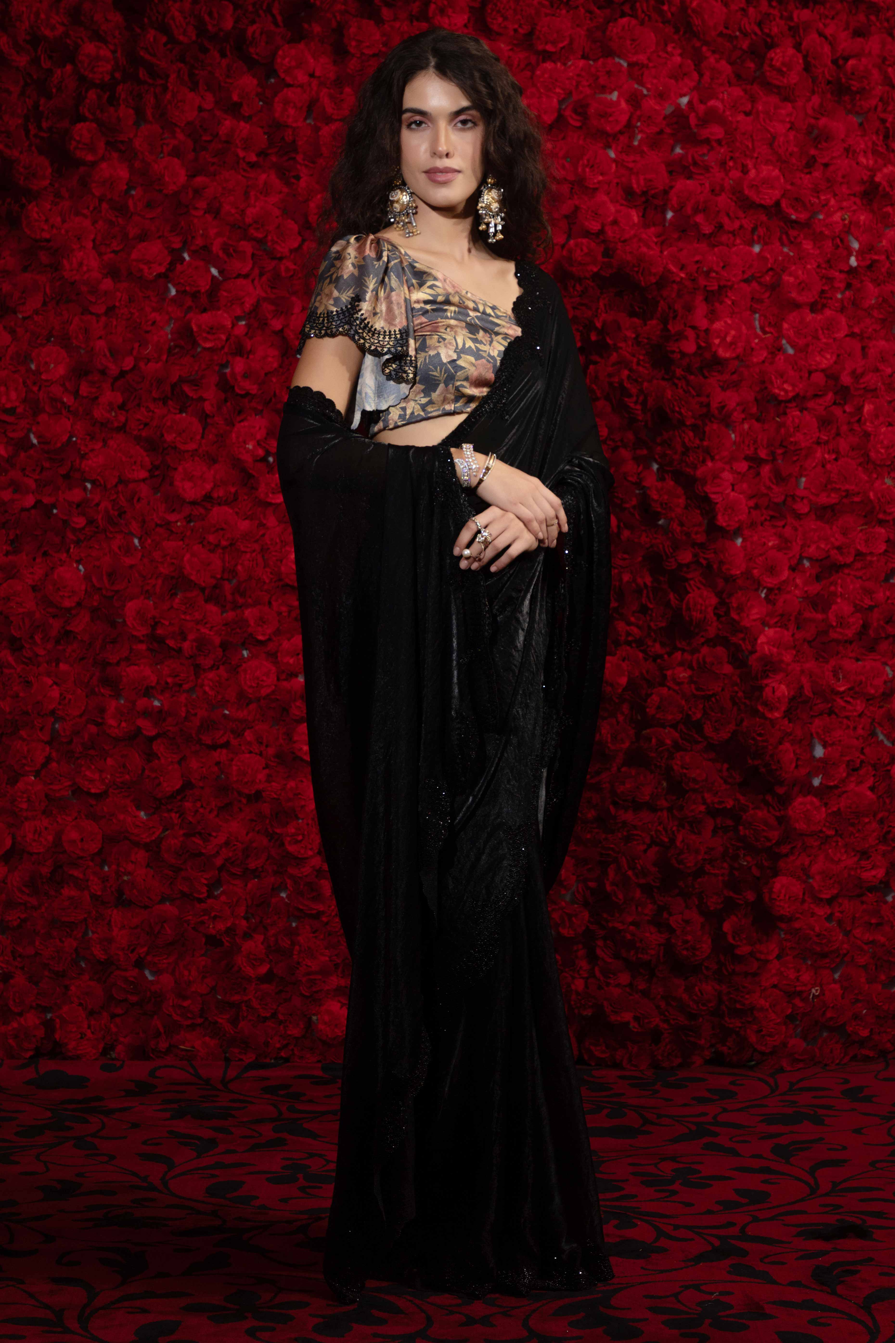 Crushed Satin Silk Embellished Saree in Black with Sparkling Stone Work