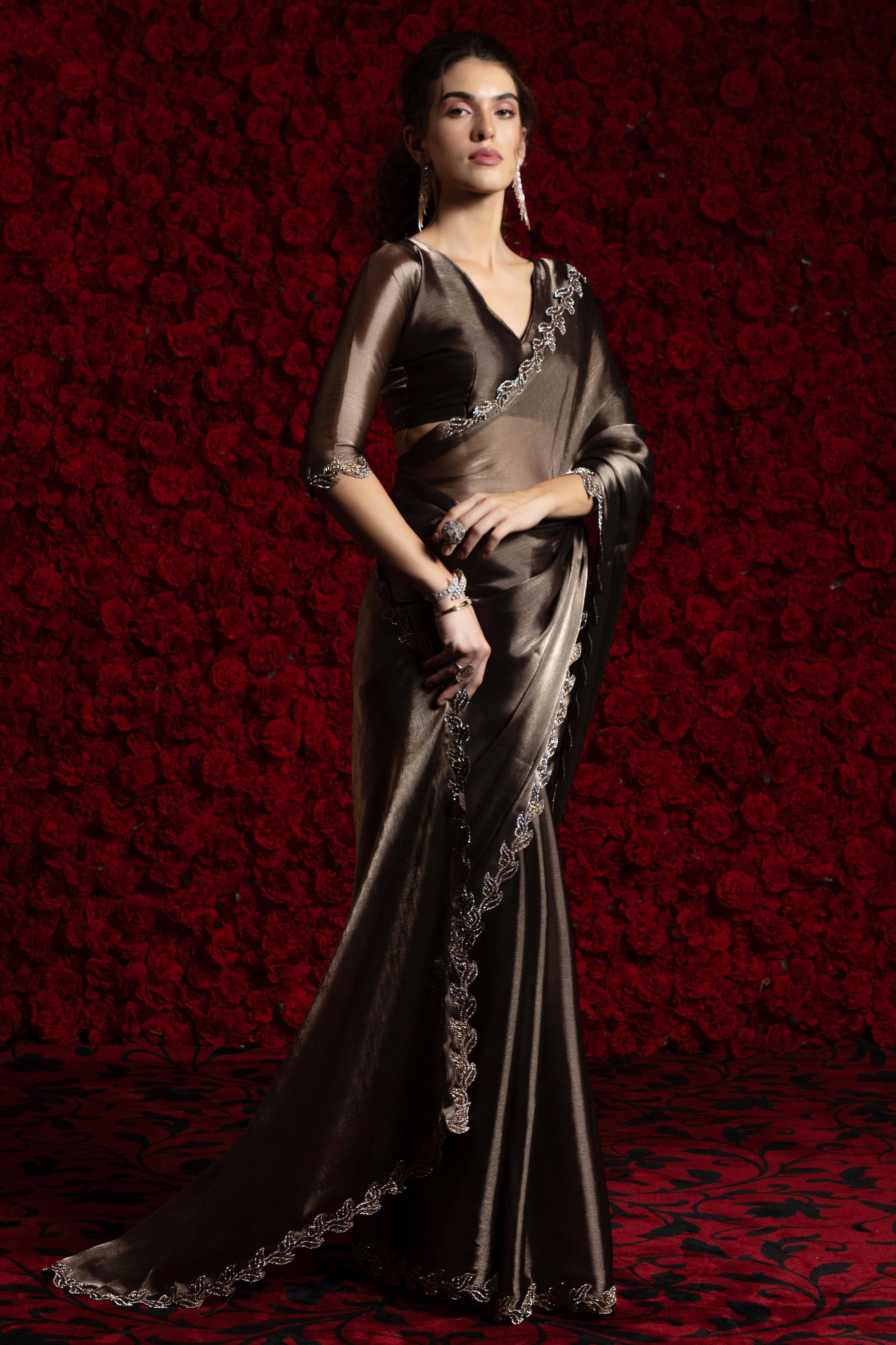 Bronze Brown Party Wear Saree Stone Embellished Tissue Chiffon Fabric