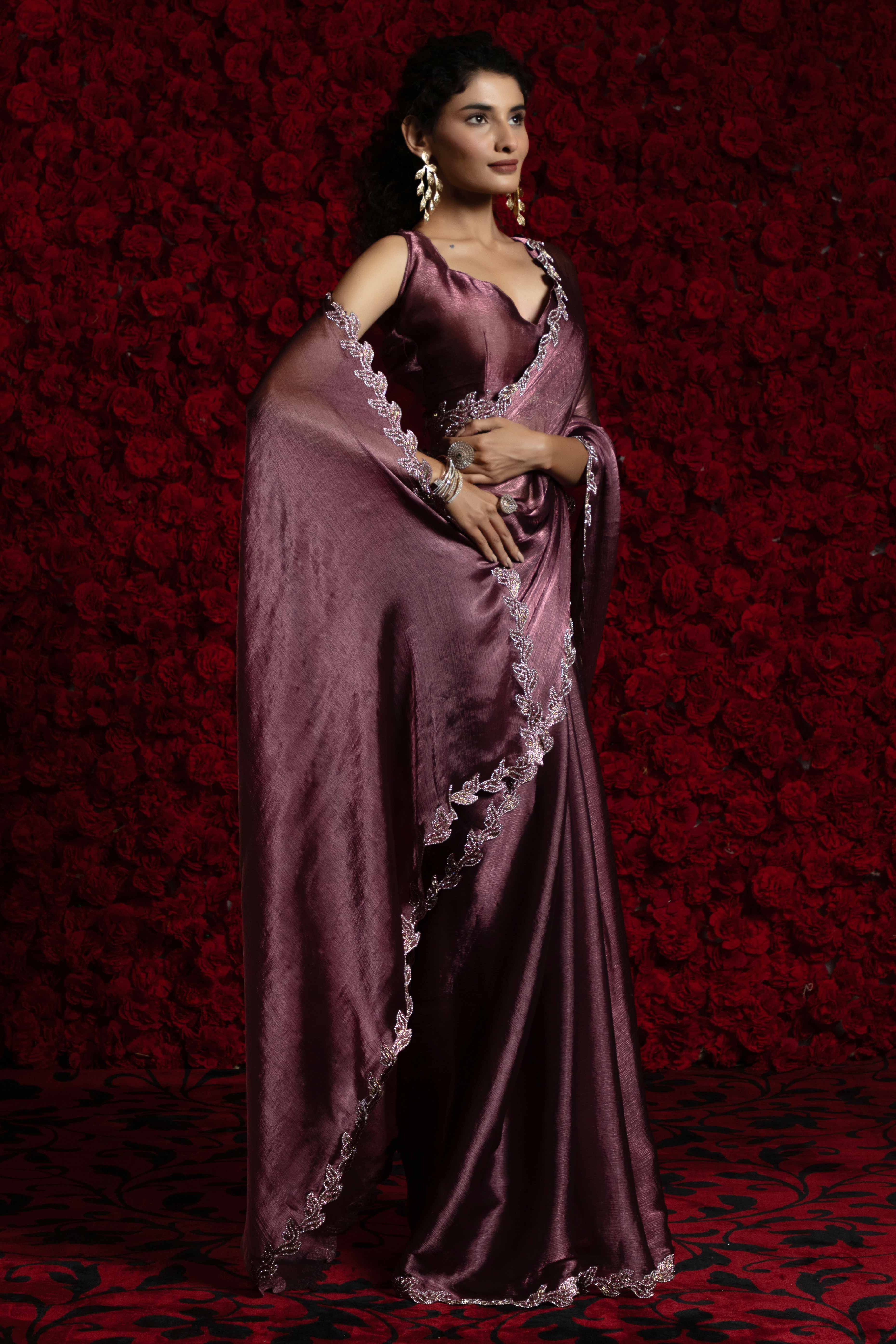 Wine Party Wear Saree Stone Embellished Tissue Chiffon Fabric