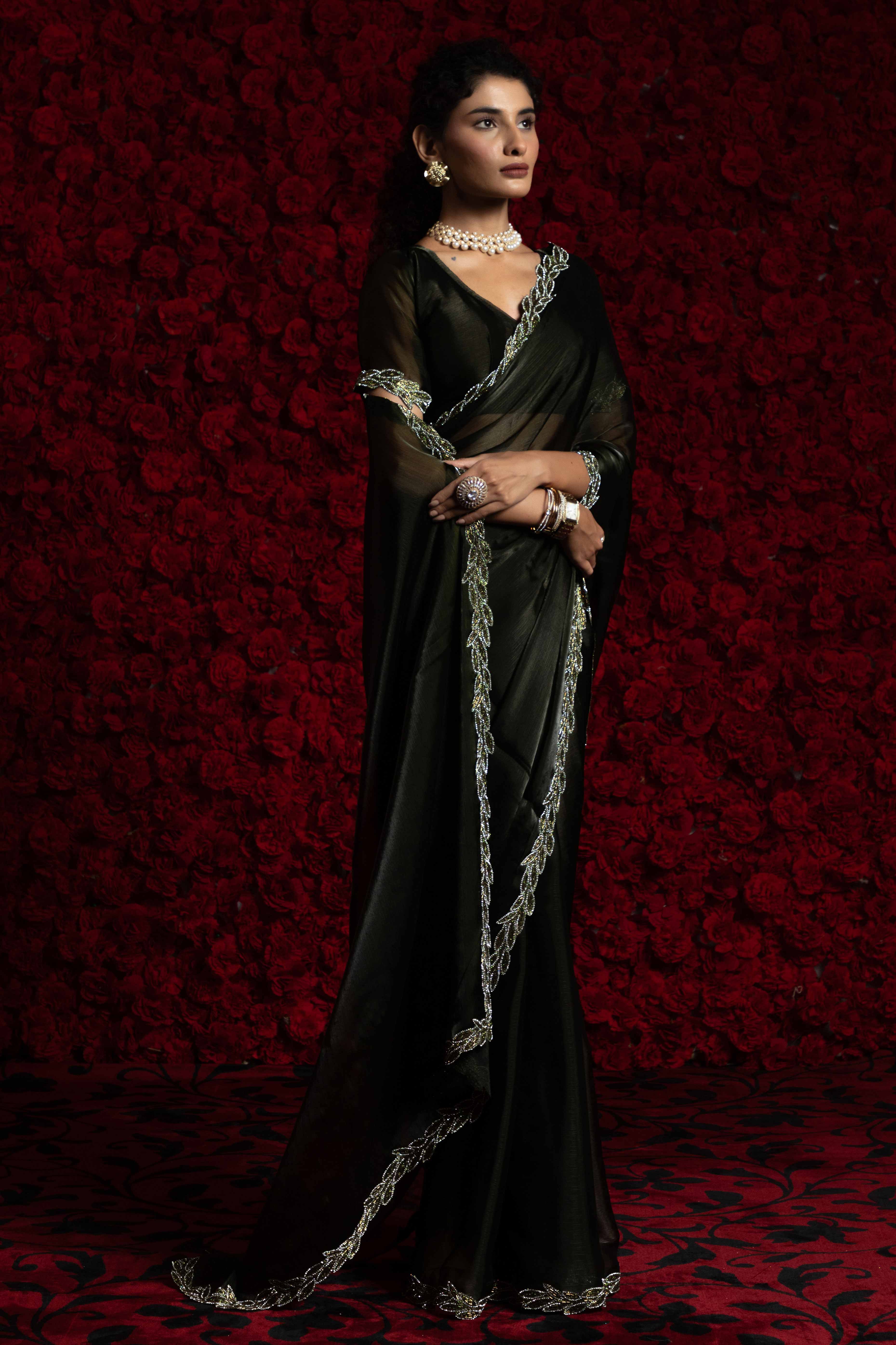 Deep Dark Olive Solid Tissue Chiffon Saree Accented With Elegant Zarkan Work Border