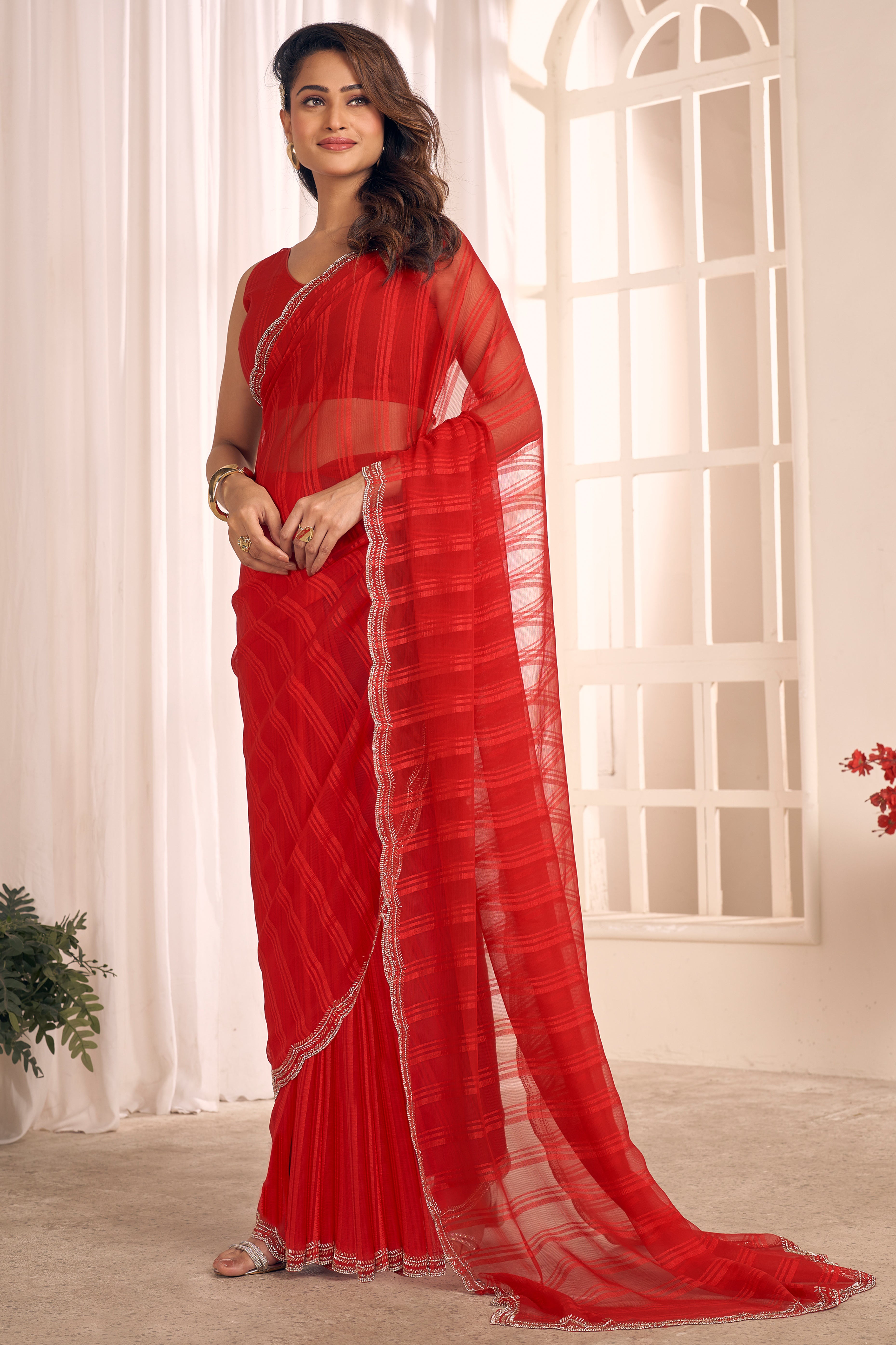 Red Georgette Saree Featuring Contemporary Stripes With A Sparkling Diamond & Beads Work Border
