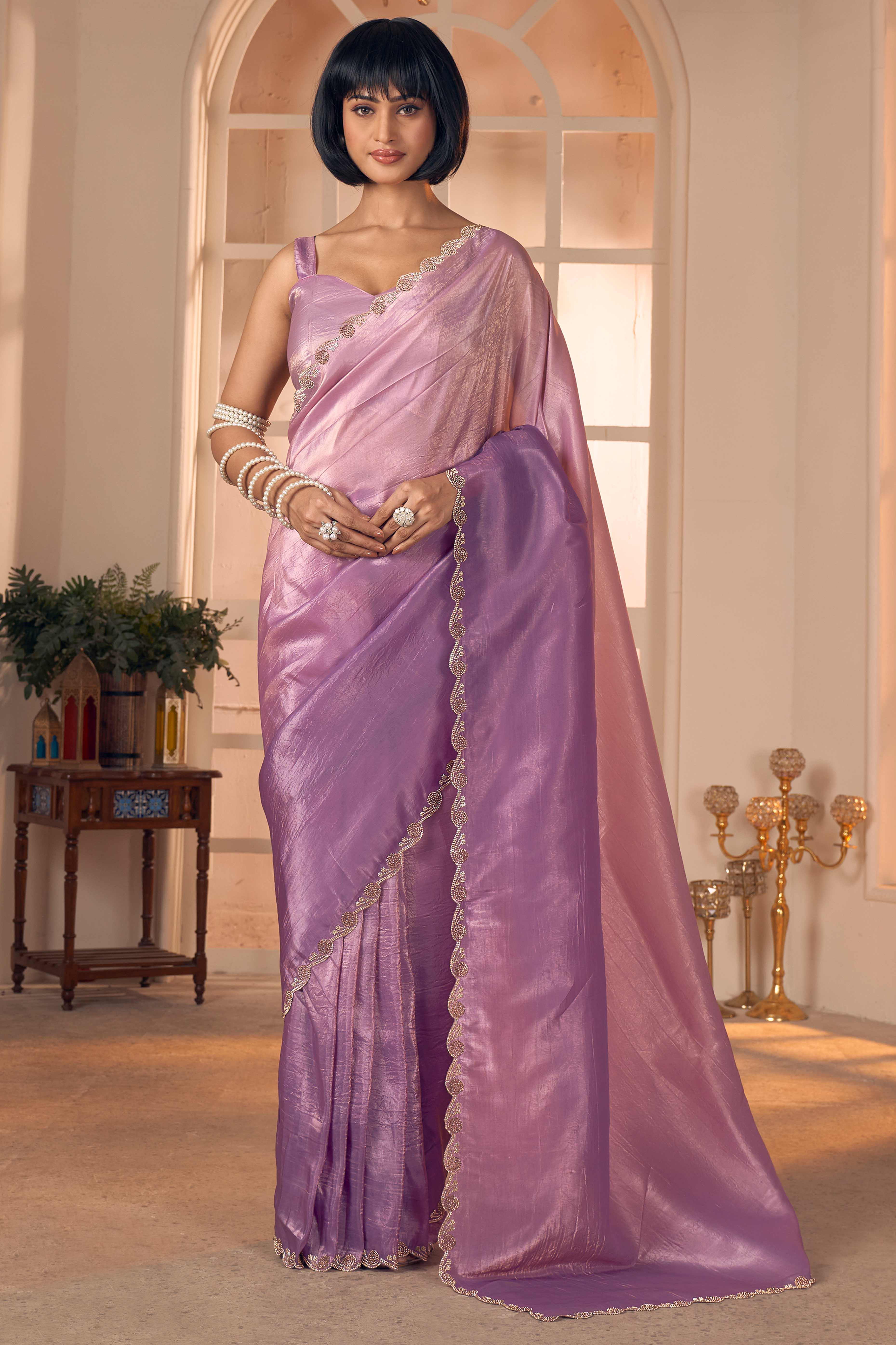 Elegant Lavender Pure Silk Saree Enhanced With Premium Zarkan Cutwork Embellishment