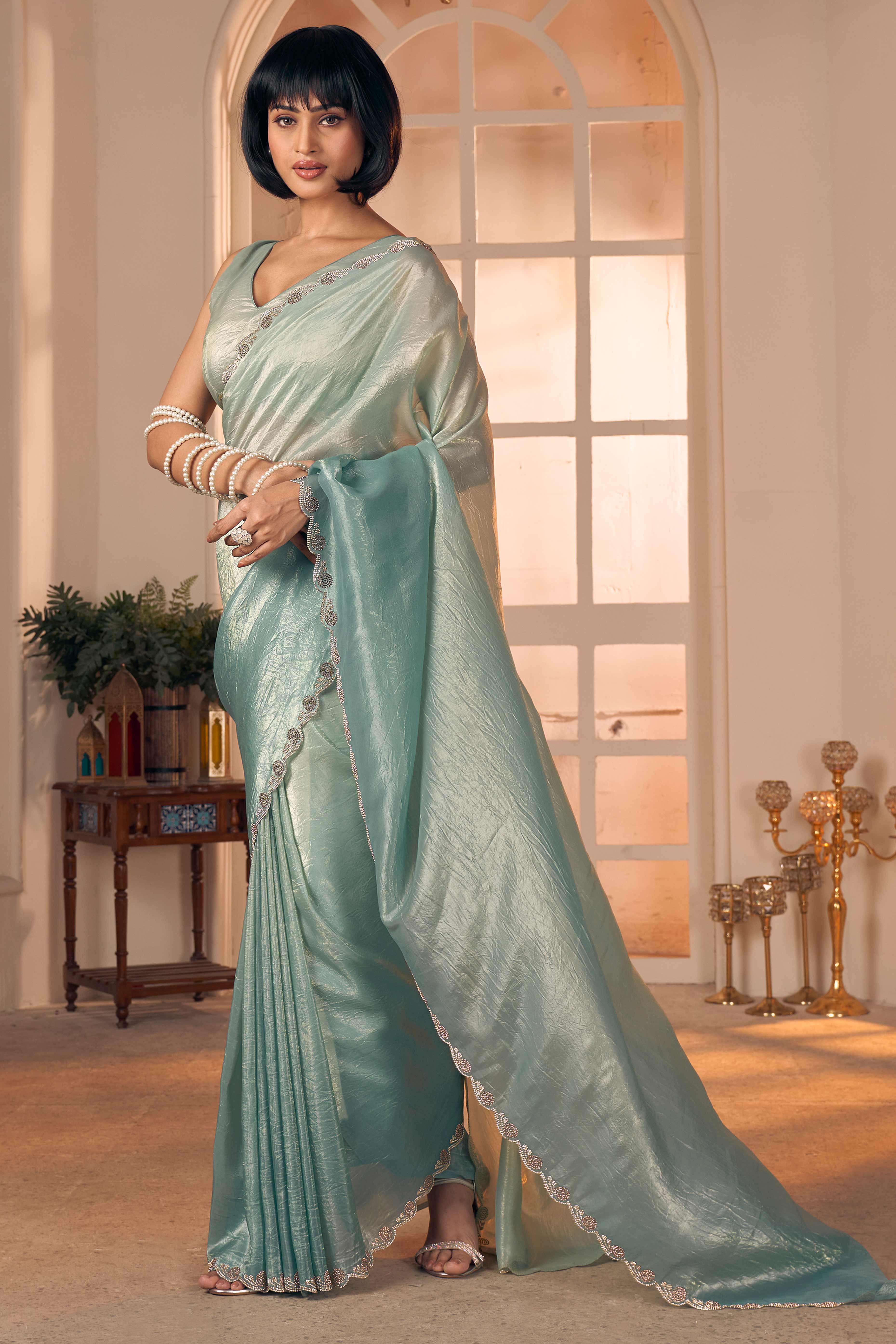 Elegant Light Sea Green Pure Silk Saree Enhanced With Premium Zarkan Cutwork Embellishment