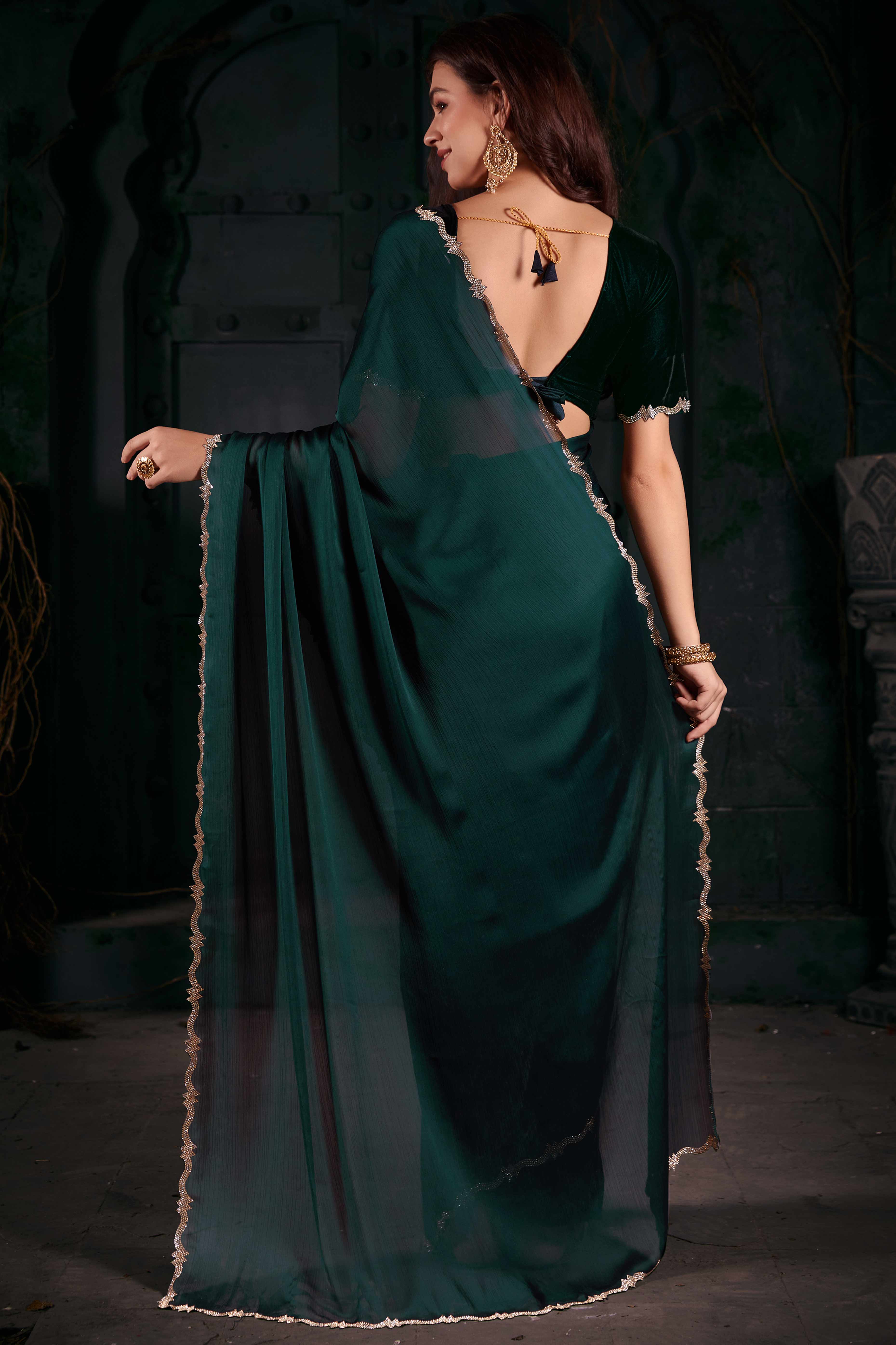 Dark Teal Solid With Zarkan Cutwork Border Chiffon Saree With Belt