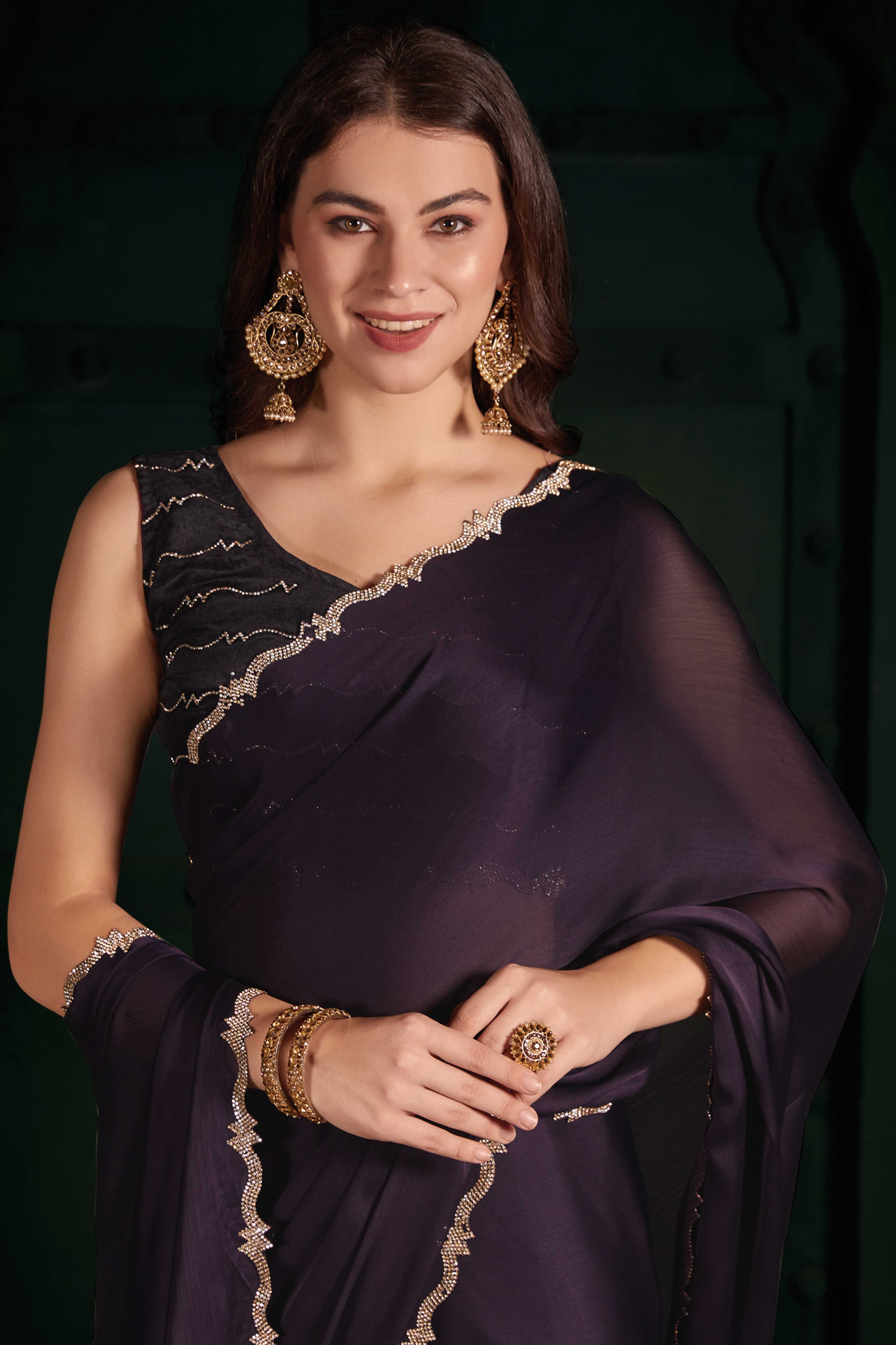 Dark Purple Solid With Zarkan Cutwork Border Chiffon Saree With Belt