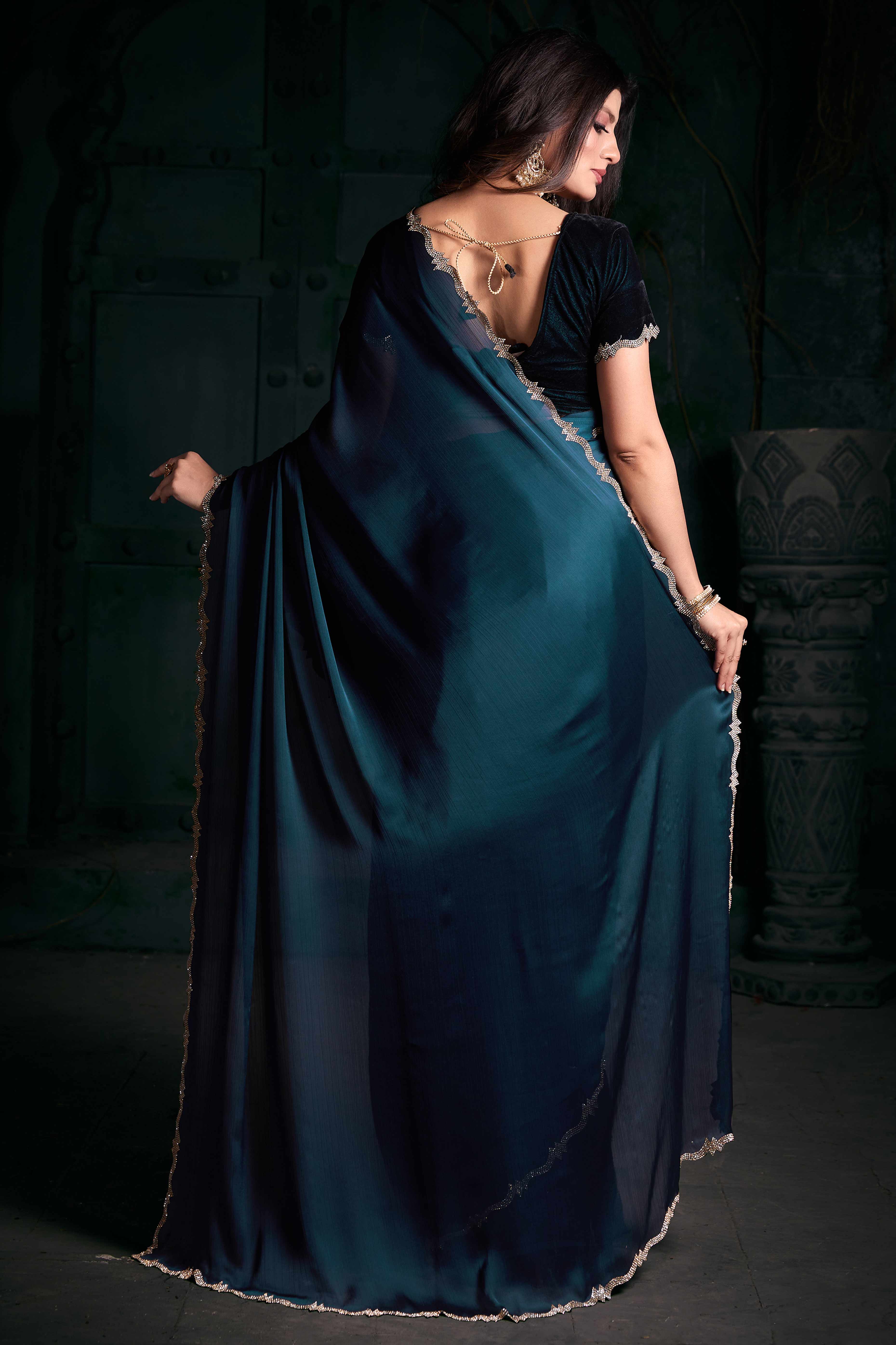 Morpich Blue Solid With Zarkan Cutwork Border Chiffon Saree With Belt