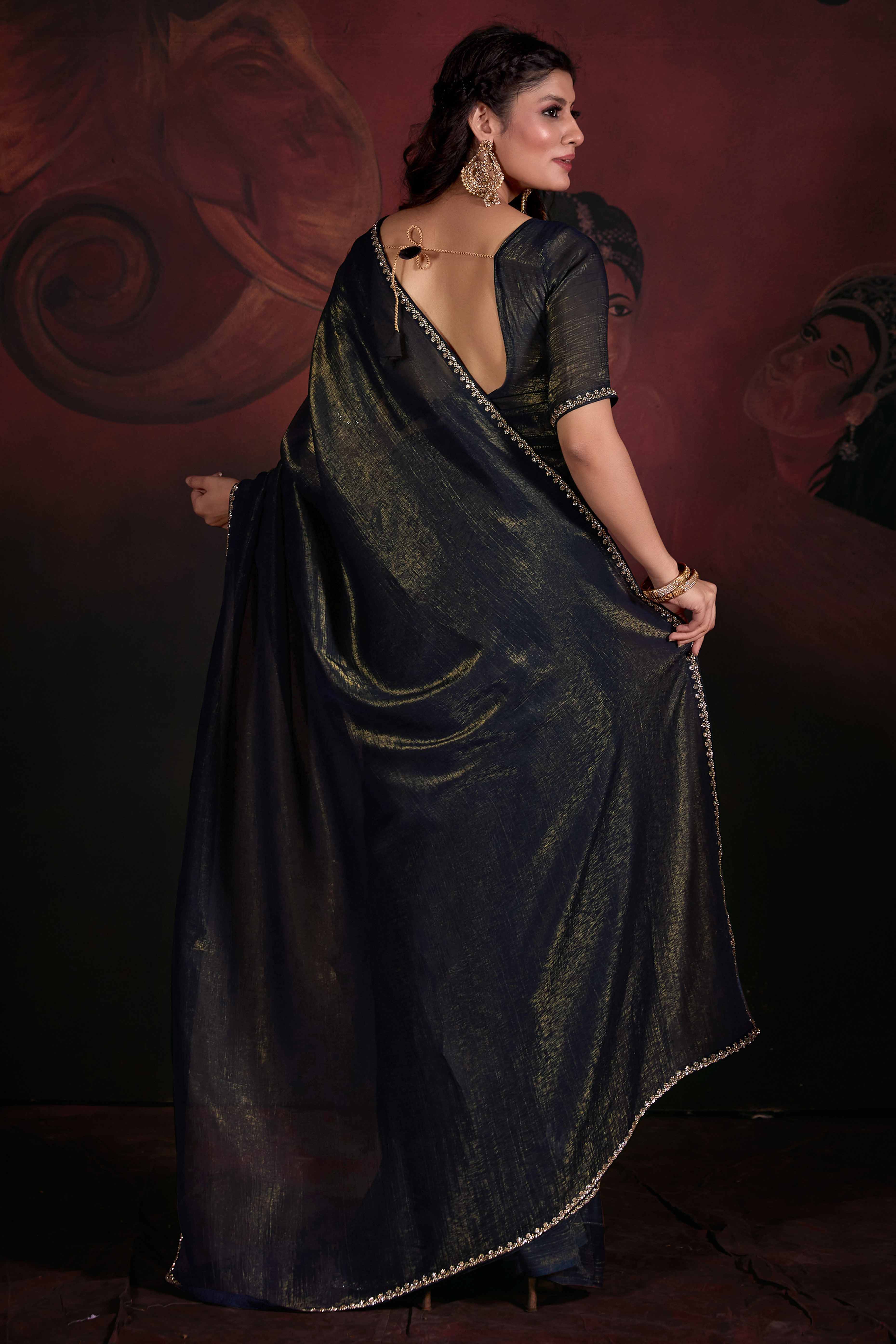 Navy Blue Solid With Zarkan Border Art Silk Saree With Belt