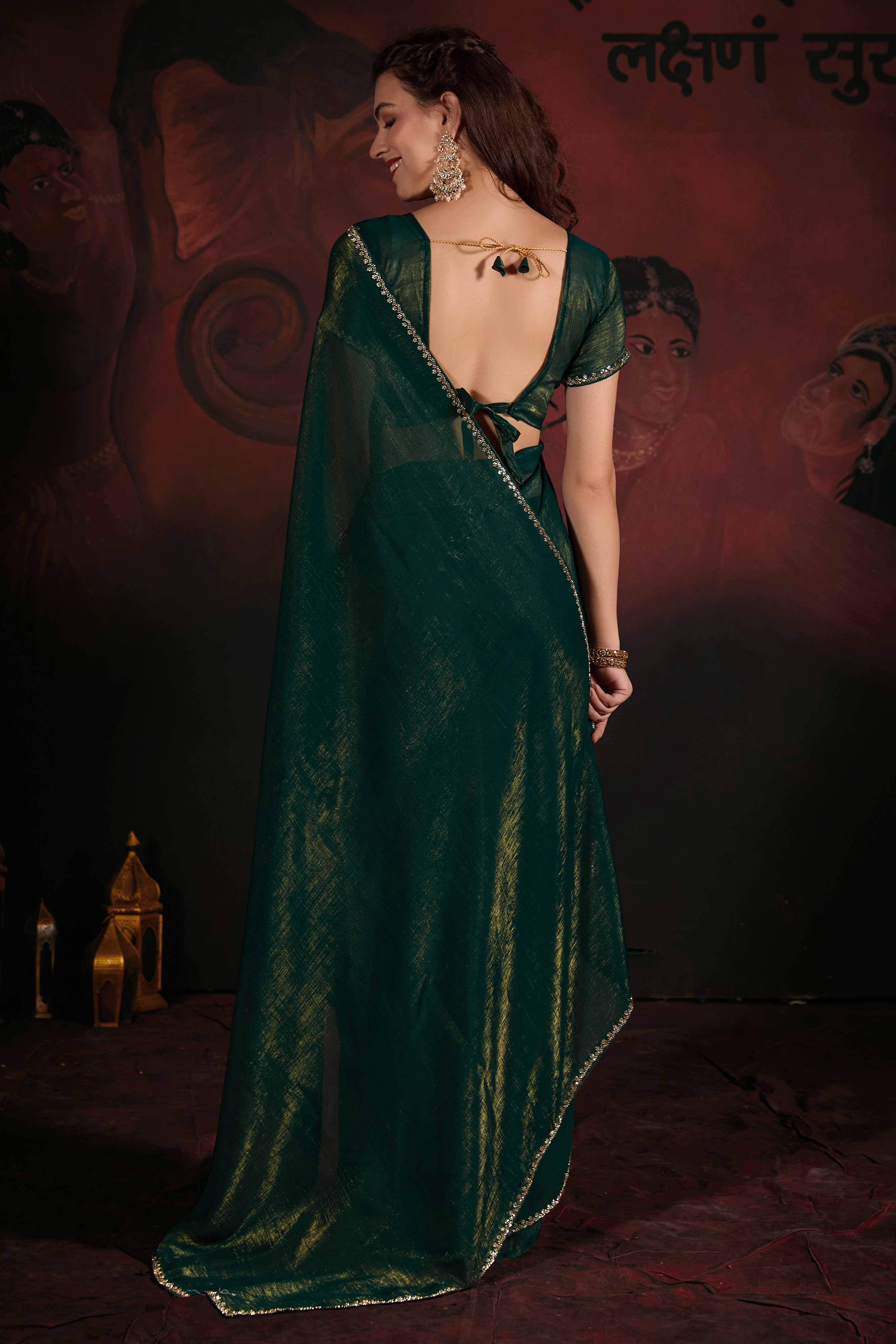 Bottle Green Solid With Zarkan Border Art Silk Saree With Belt