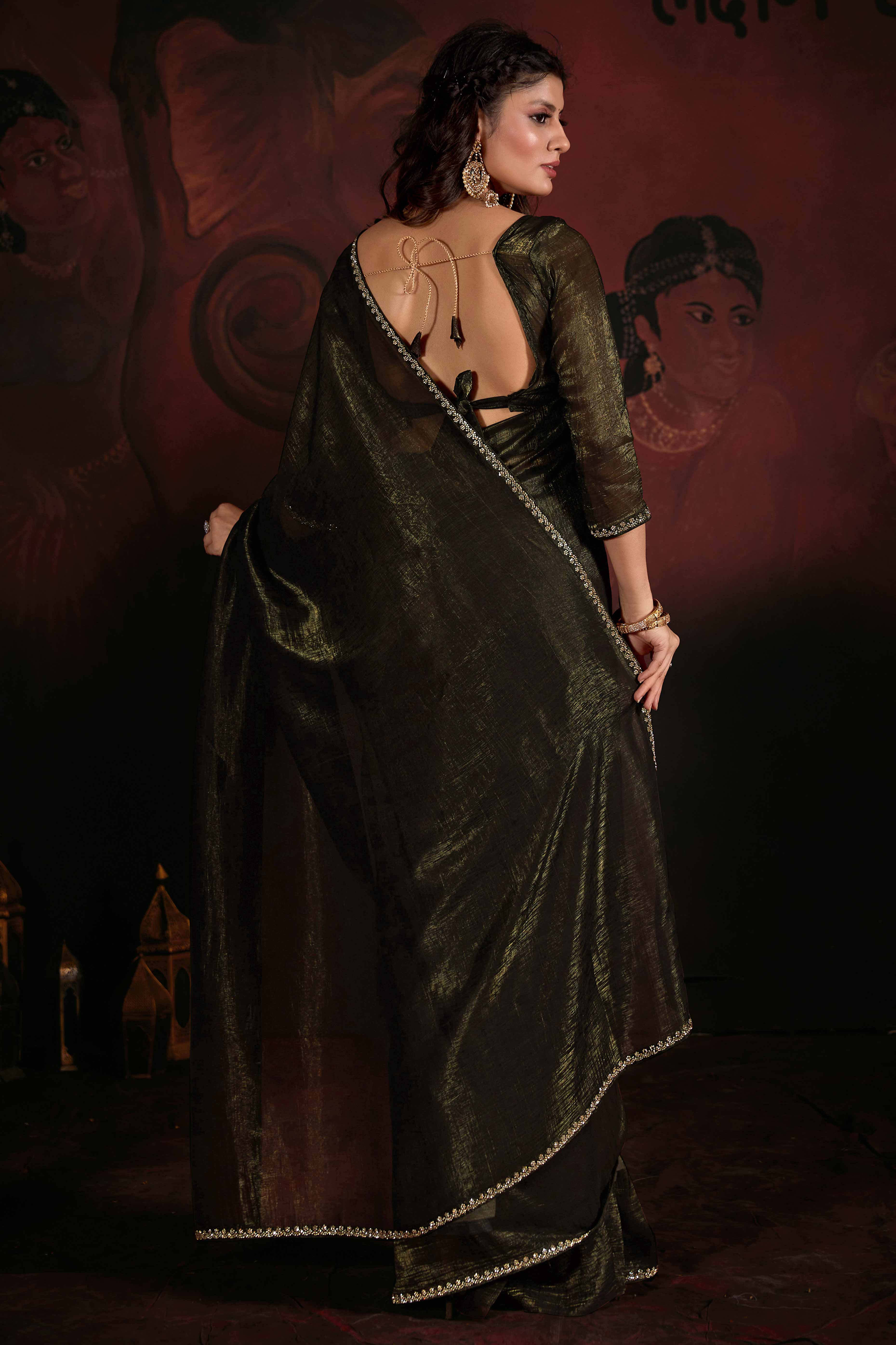 Olive Green Solid With Zarkan Border Art Silk Saree With Belt