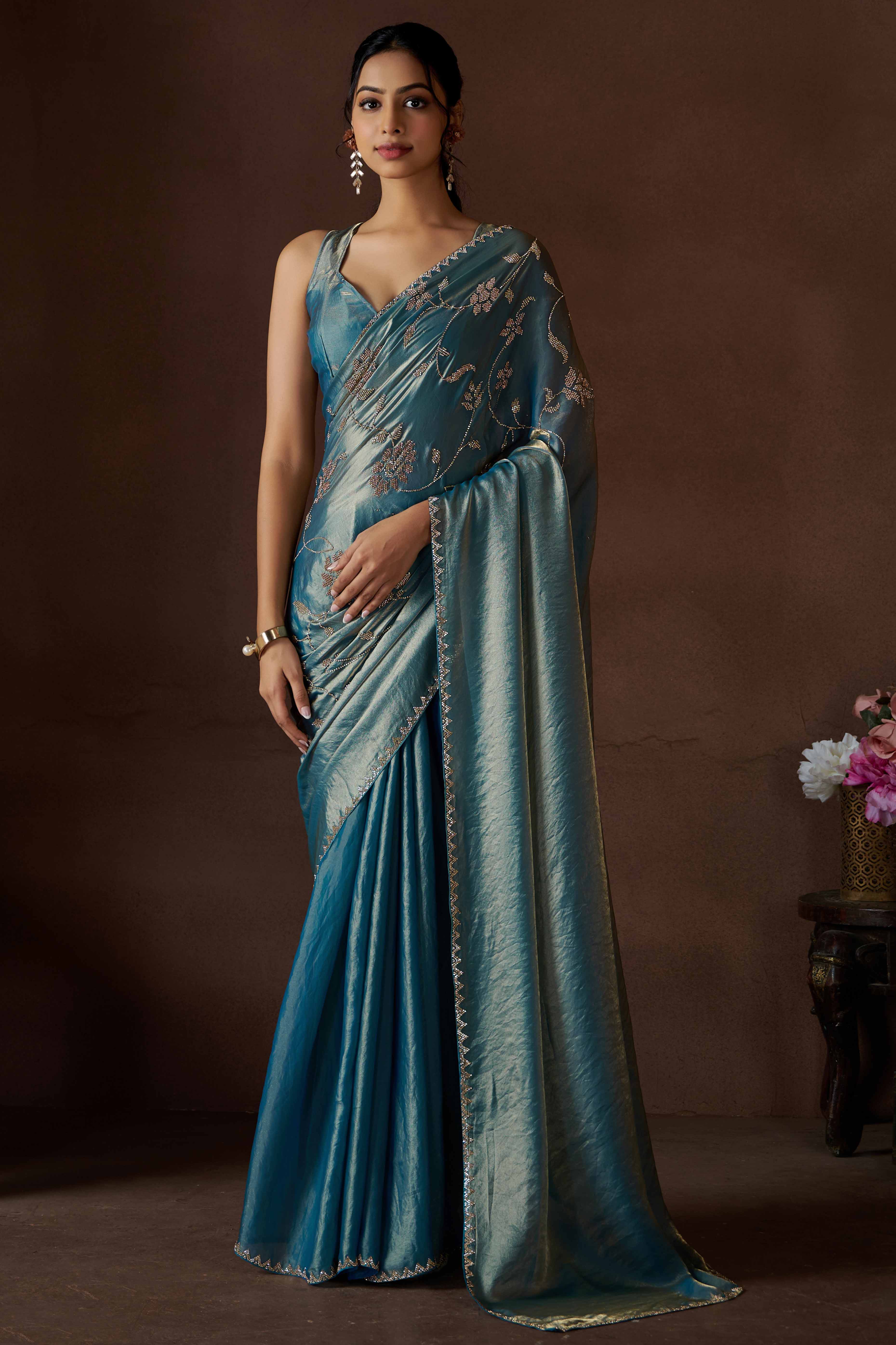 Sky Blue Satin Saree with Exquisite Stone Embellishments