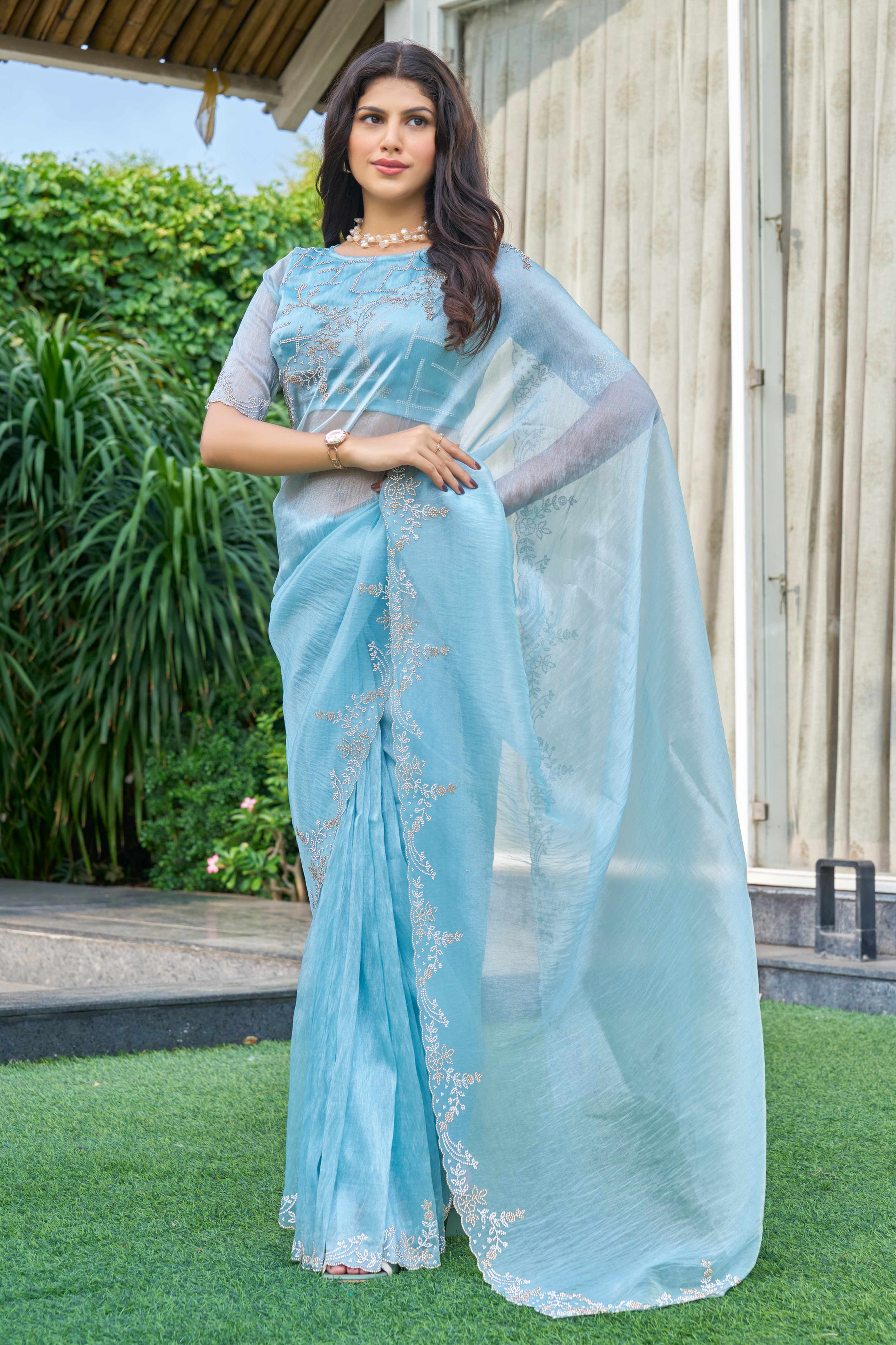 Sky Blue Ethereal Organza Saree Adorned with Crystal Embellishments