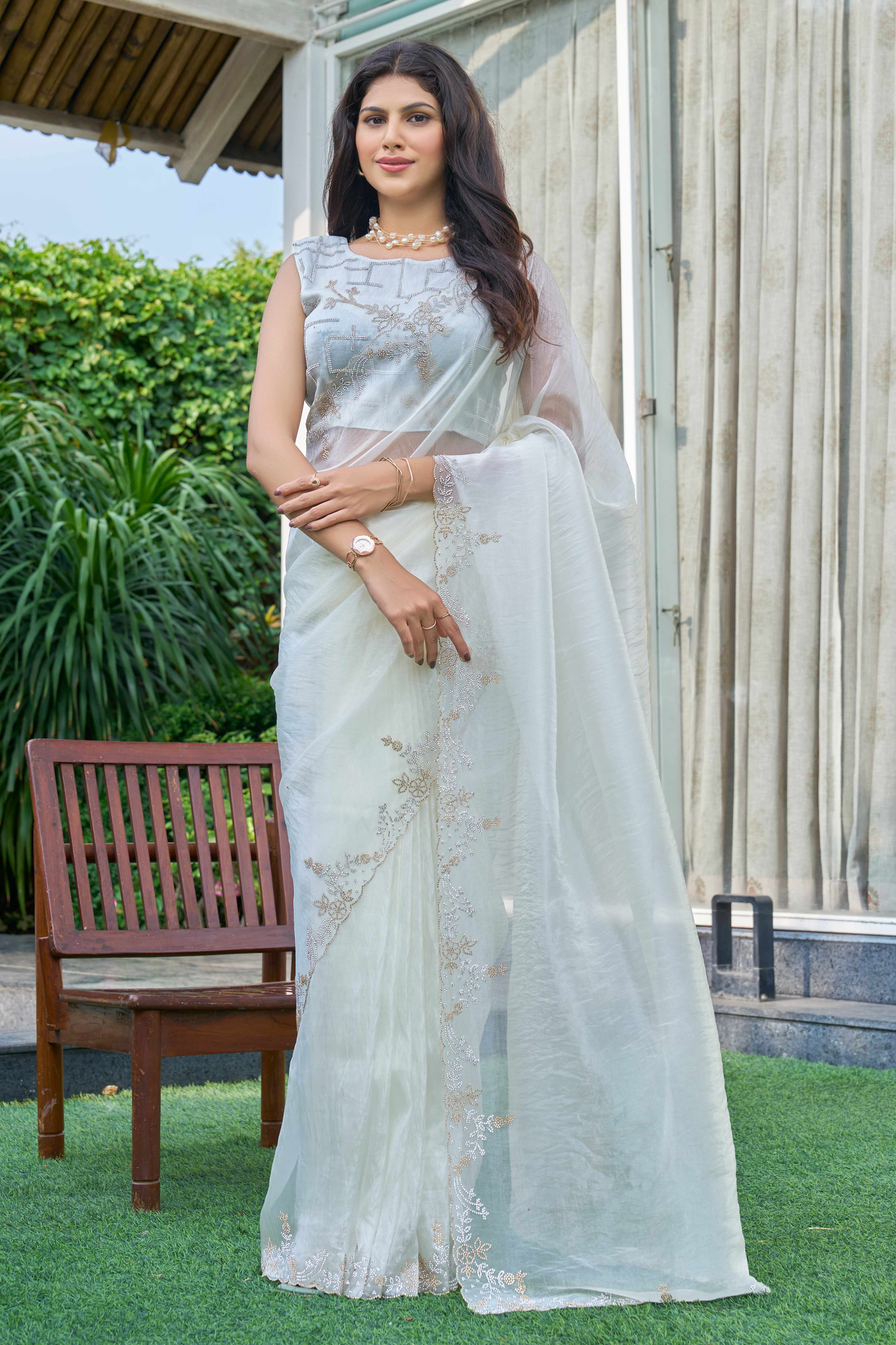 Off White Ethereal Organza Saree Adorned with Crystal Embellishments