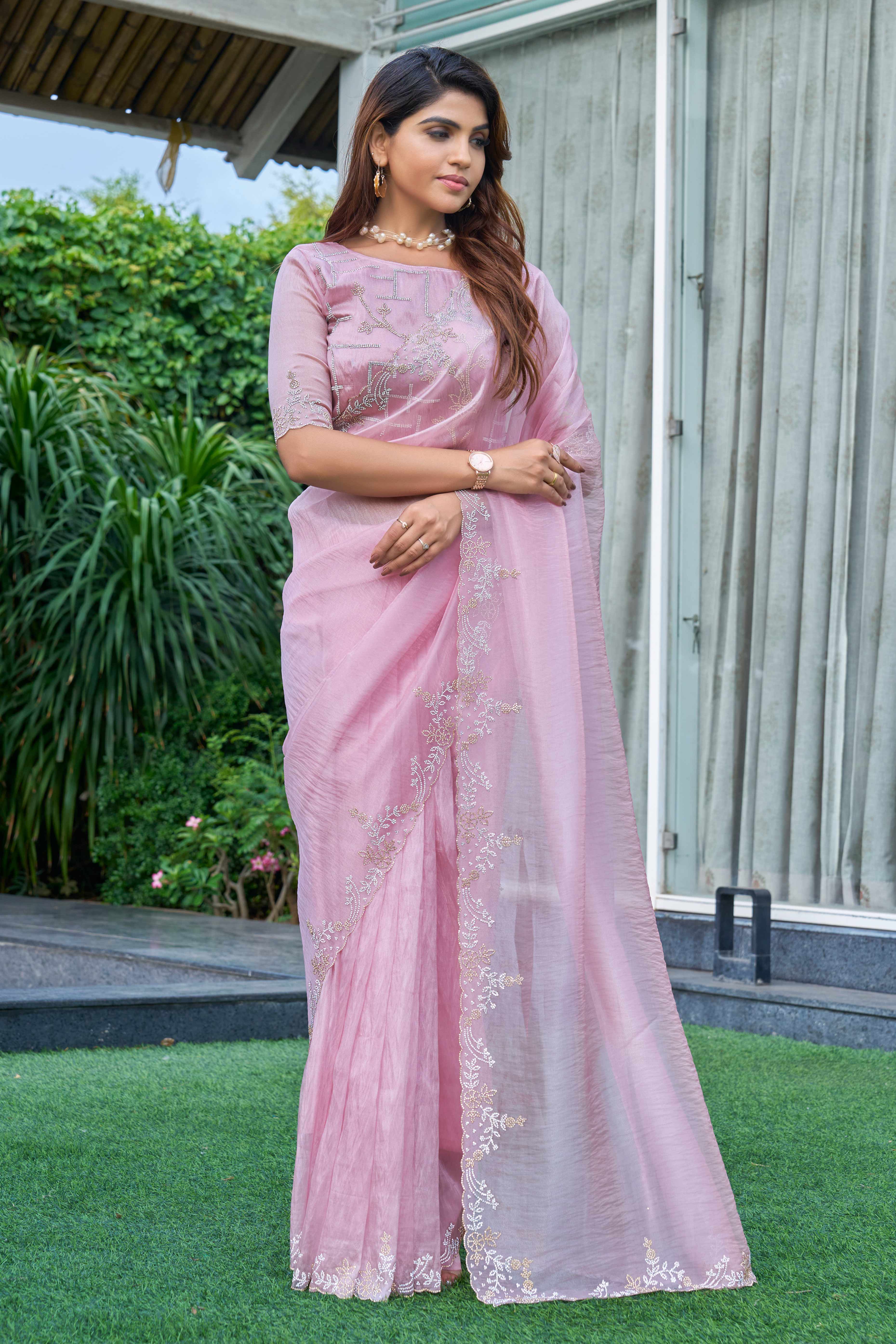 Pink Ethereal Organza Saree Adorned with Crystal Embellishments