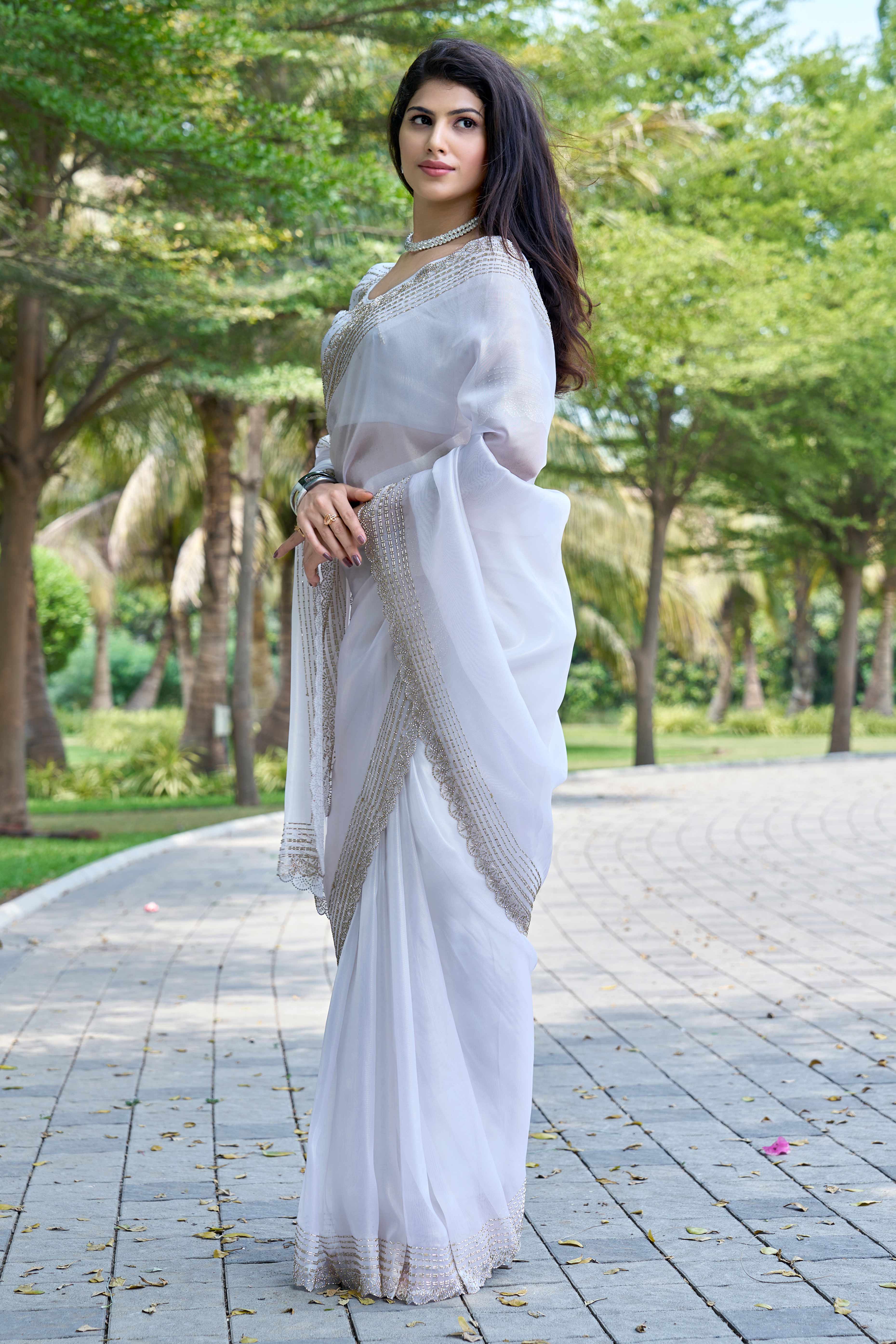 White Soft Organza Saree with Stone Embellishments Work