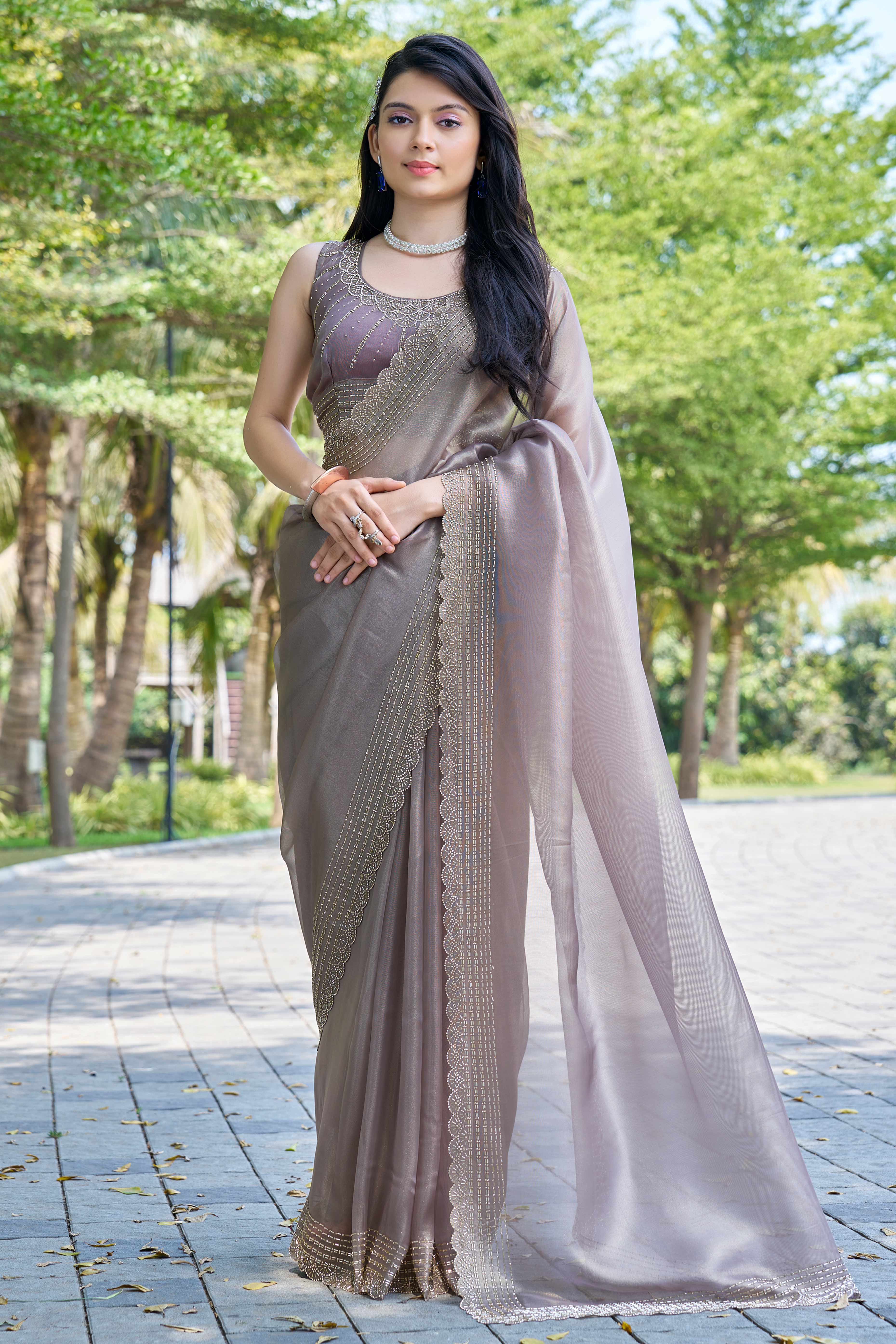 Grey Soft Organza Saree with Stone Embellishments Work