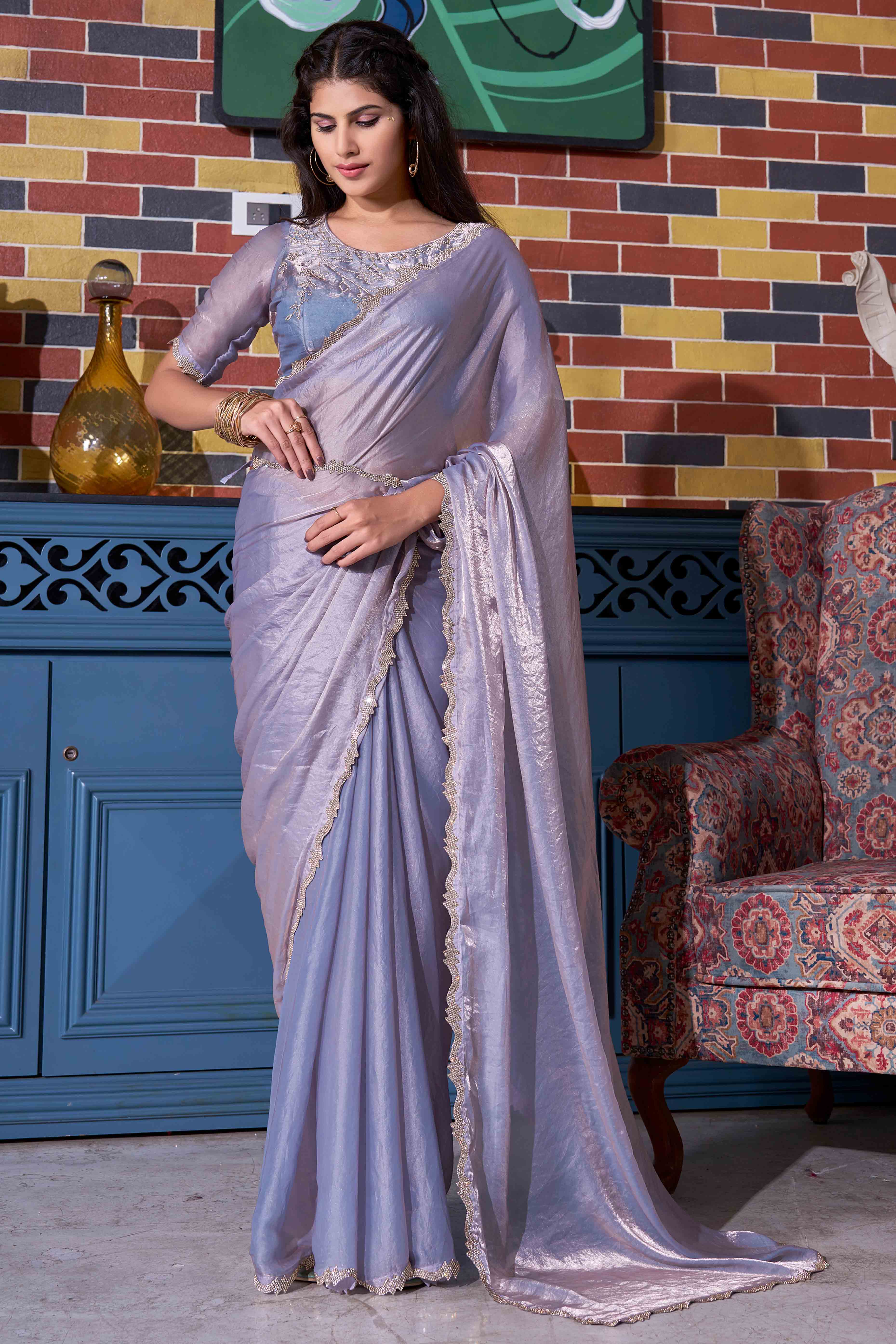 Bluish Grey Satin Saree with Exquisite Stone Embellishments
