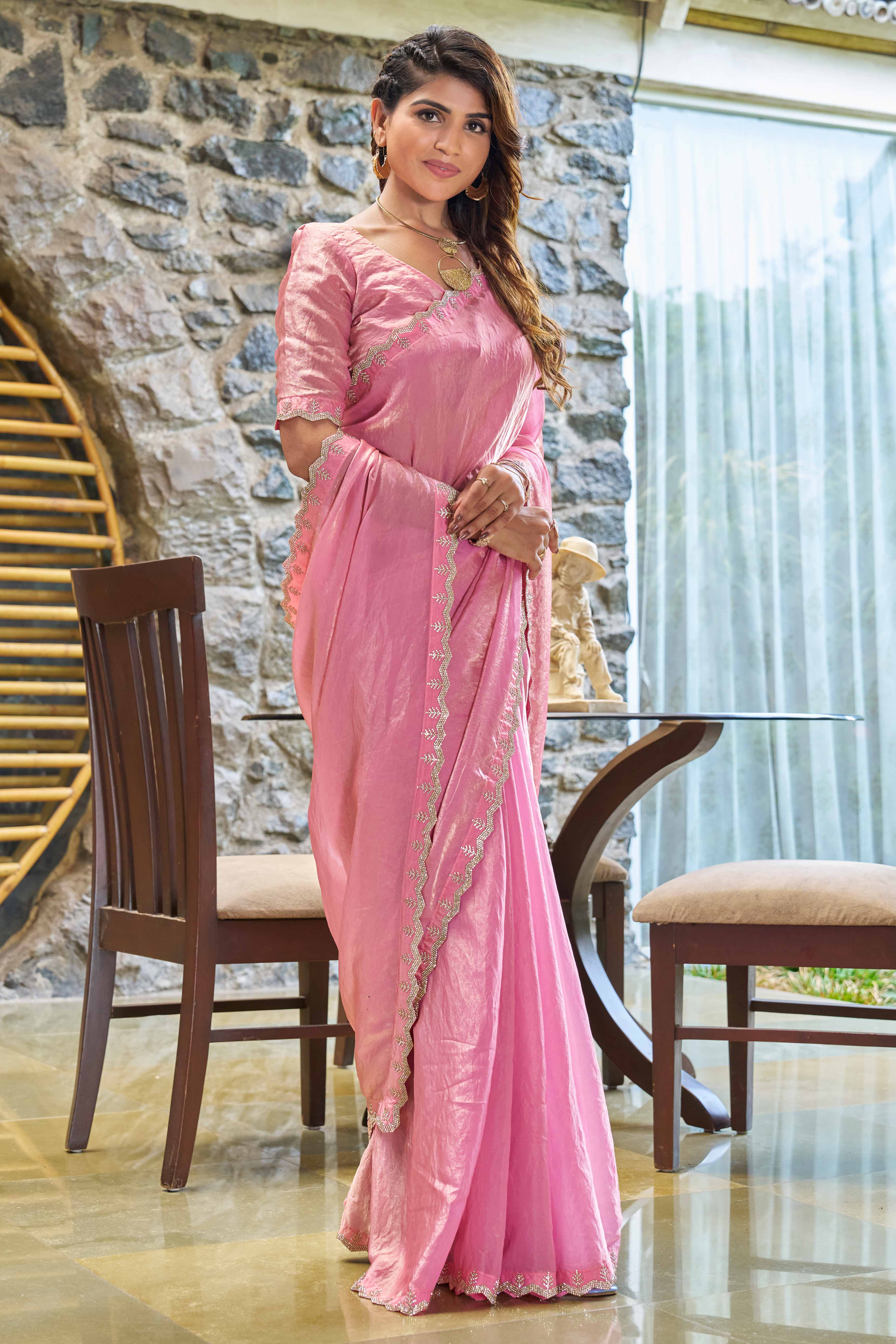 Timeless Pink Chiffon Solid Saree With Radiant Zarkan Craftsmanship