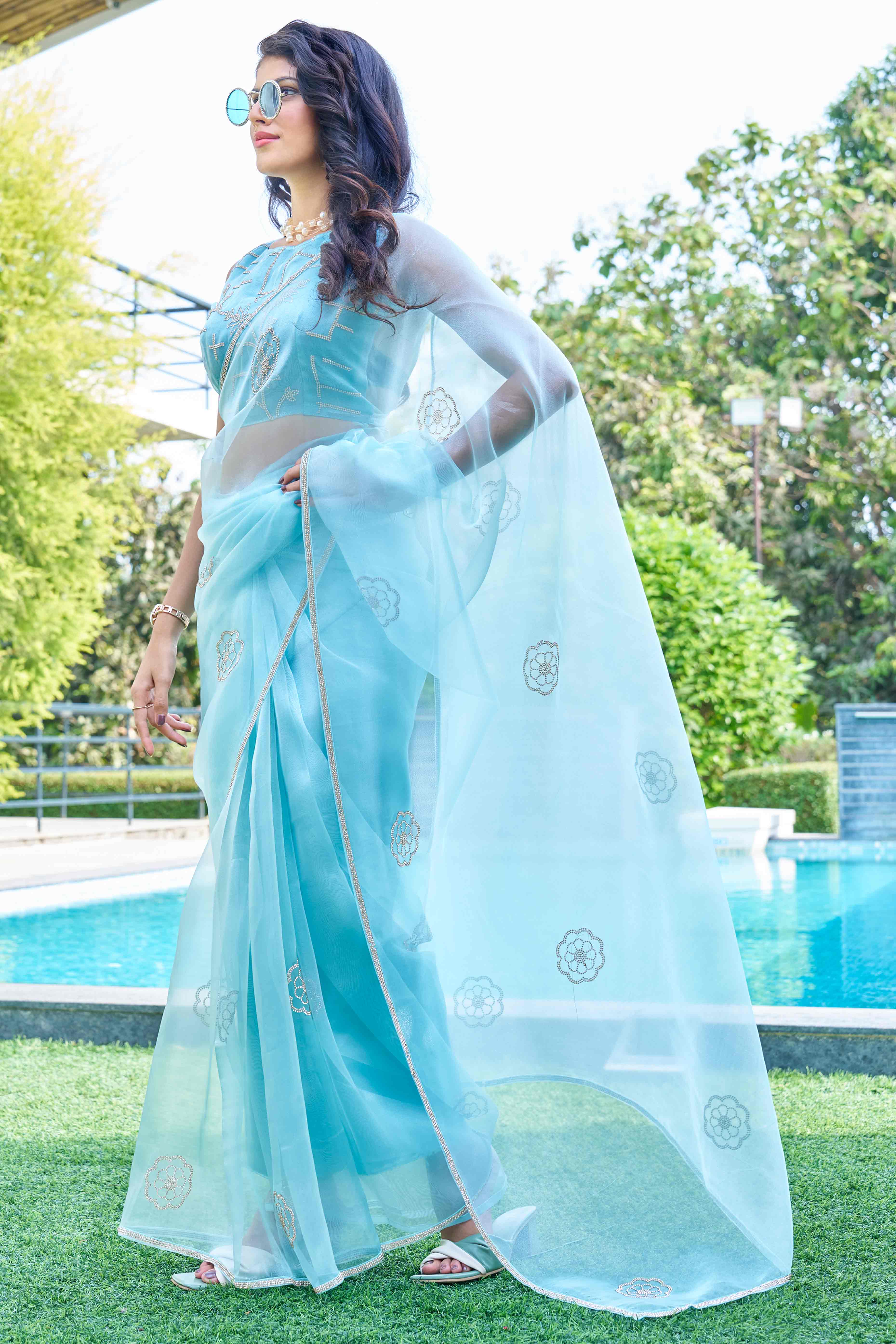 Sky Blue Stone Work Embroidered Organza Saree