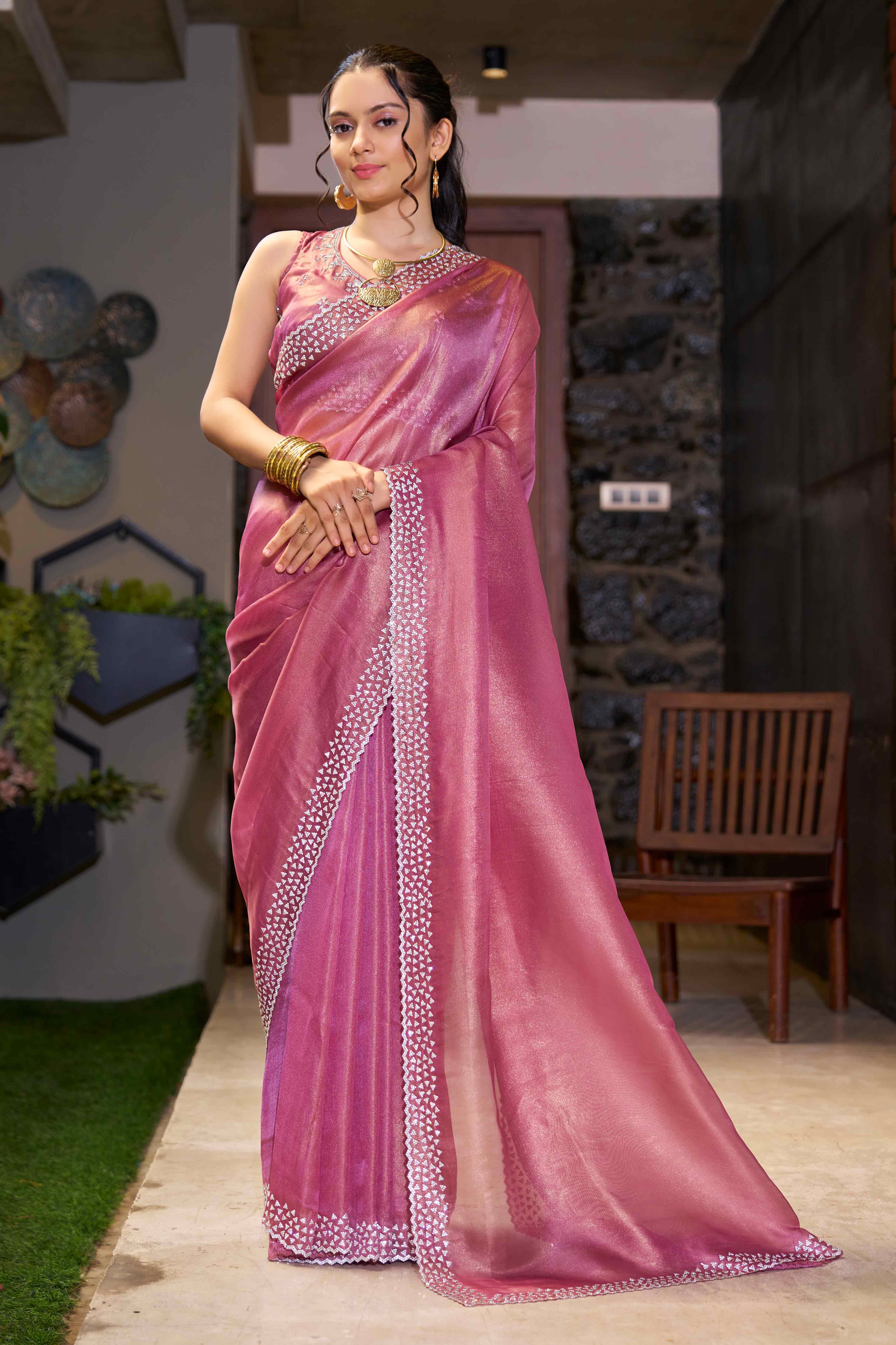 Pink Solid With Zarkan Work Organza Saree