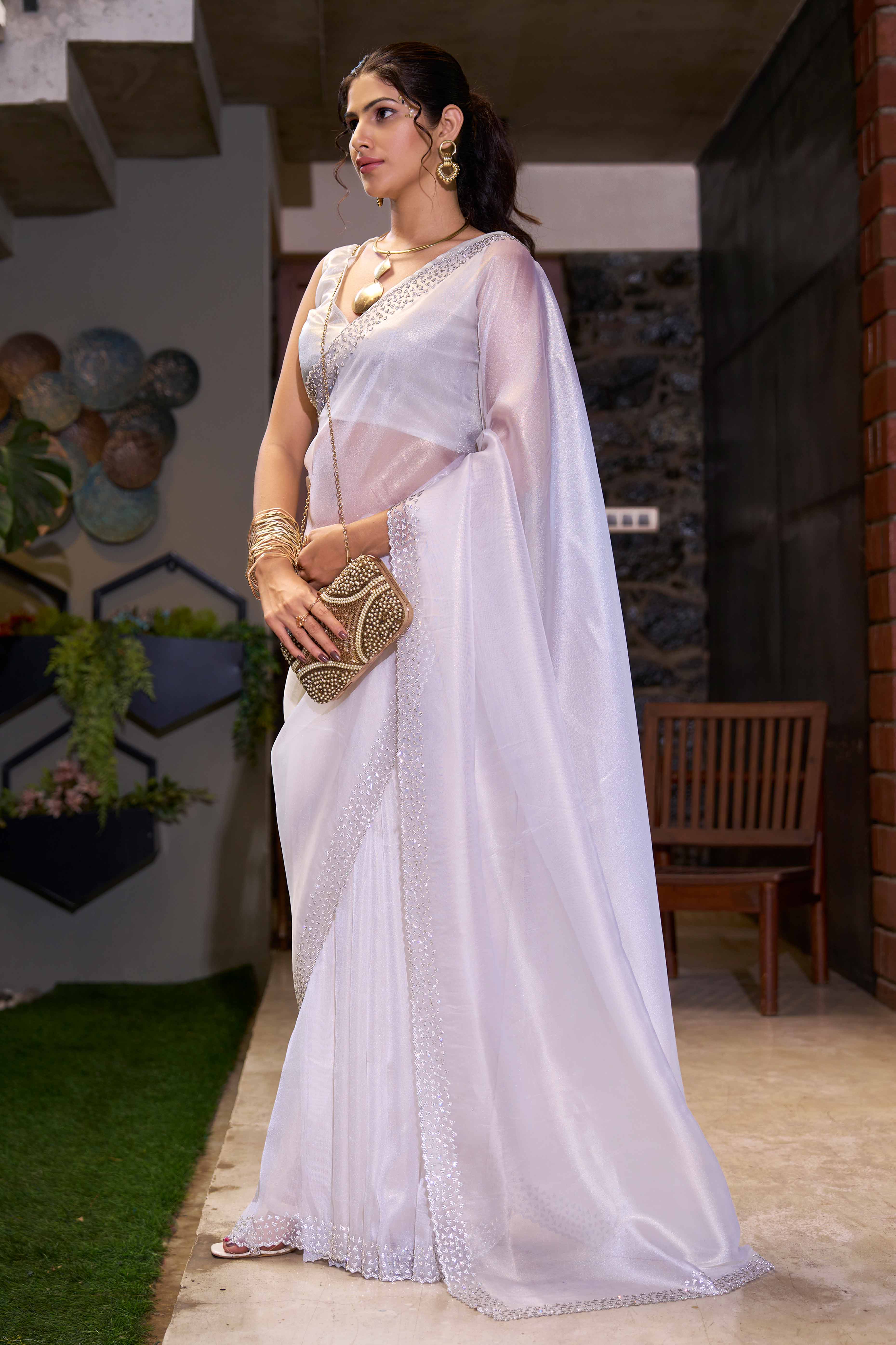 White Solid With Zarkan Work Organza Saree
