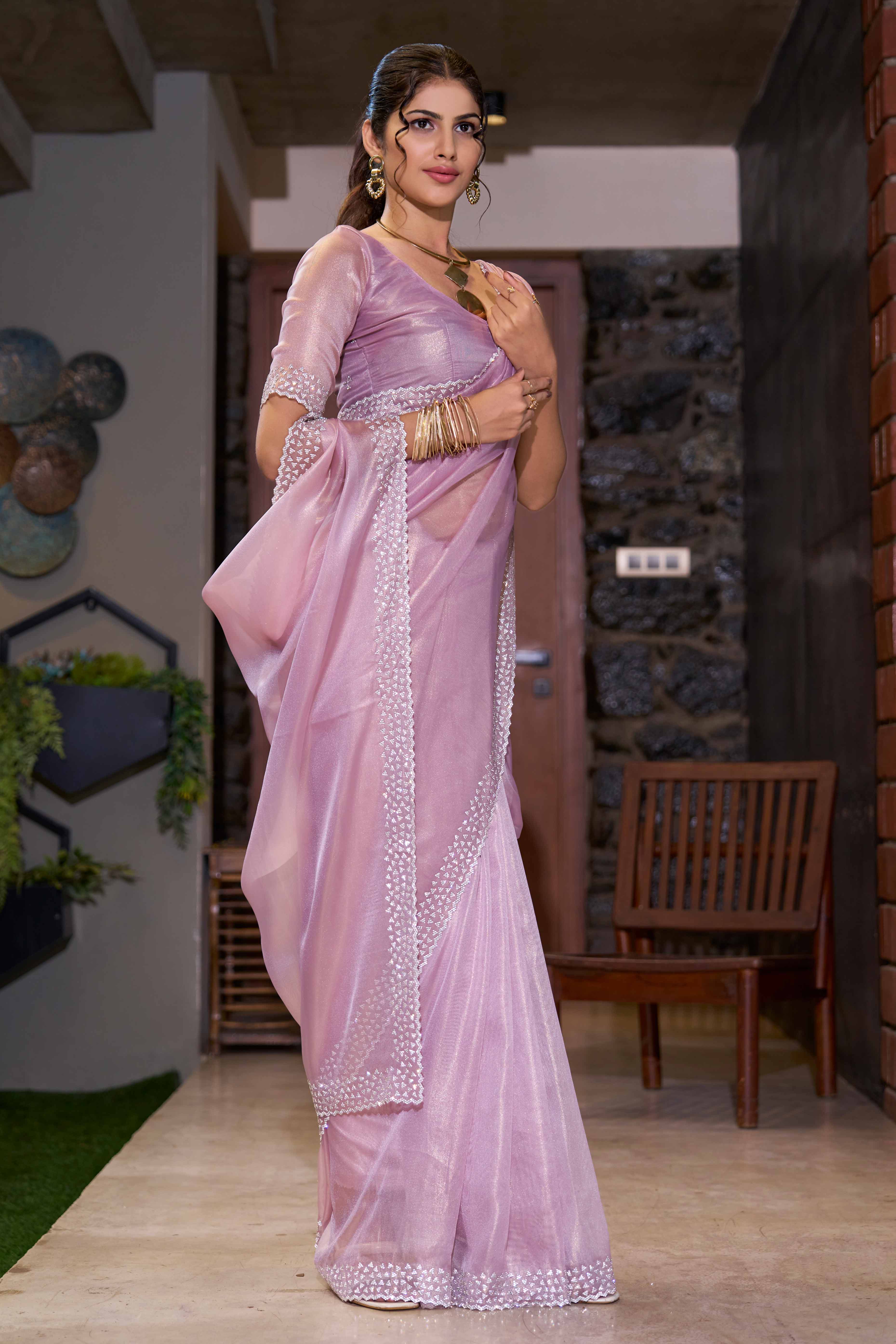 Light Lavender Solid With Zarkan Work Organza Saree