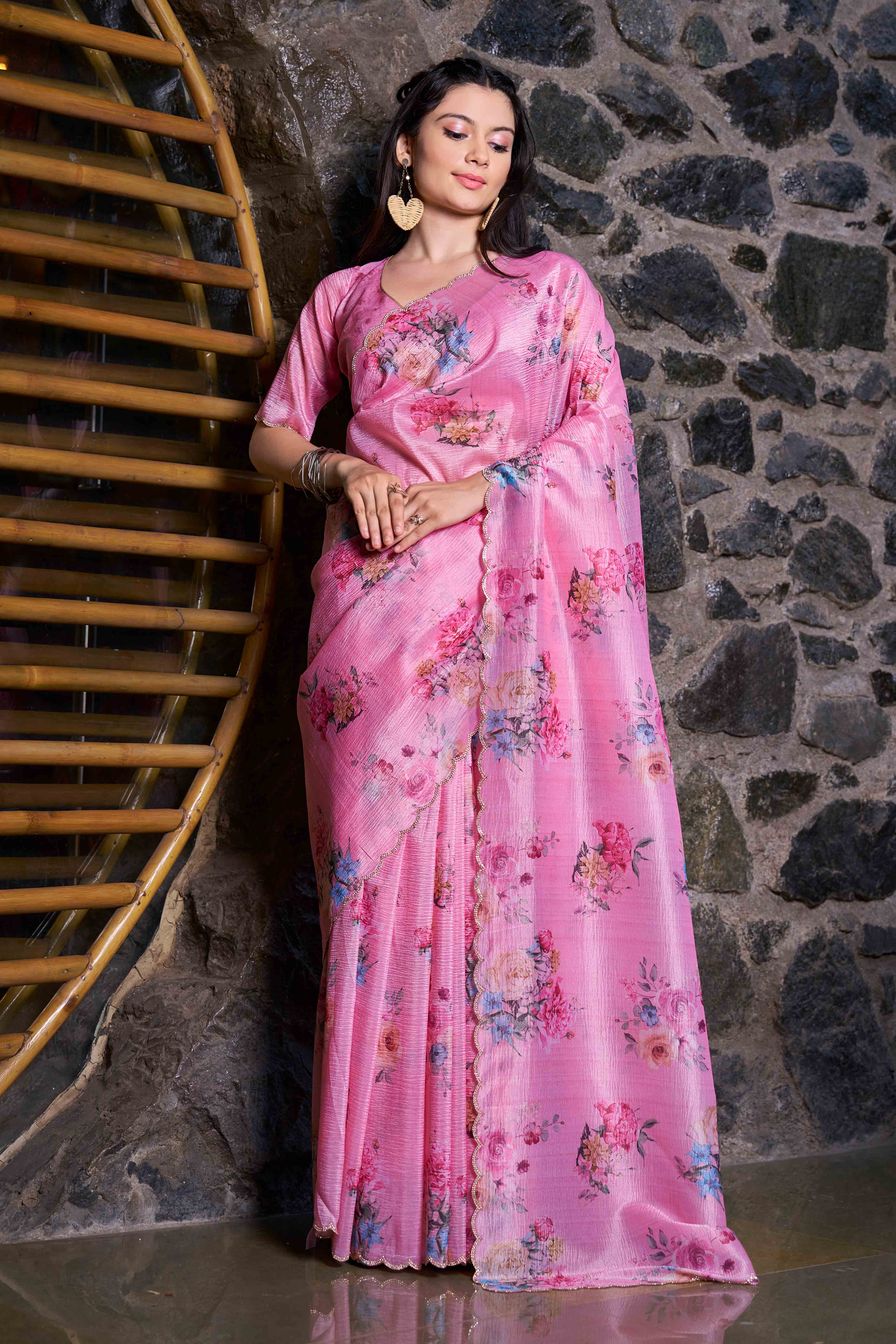 Pink Floral Printed Art Silk Saree