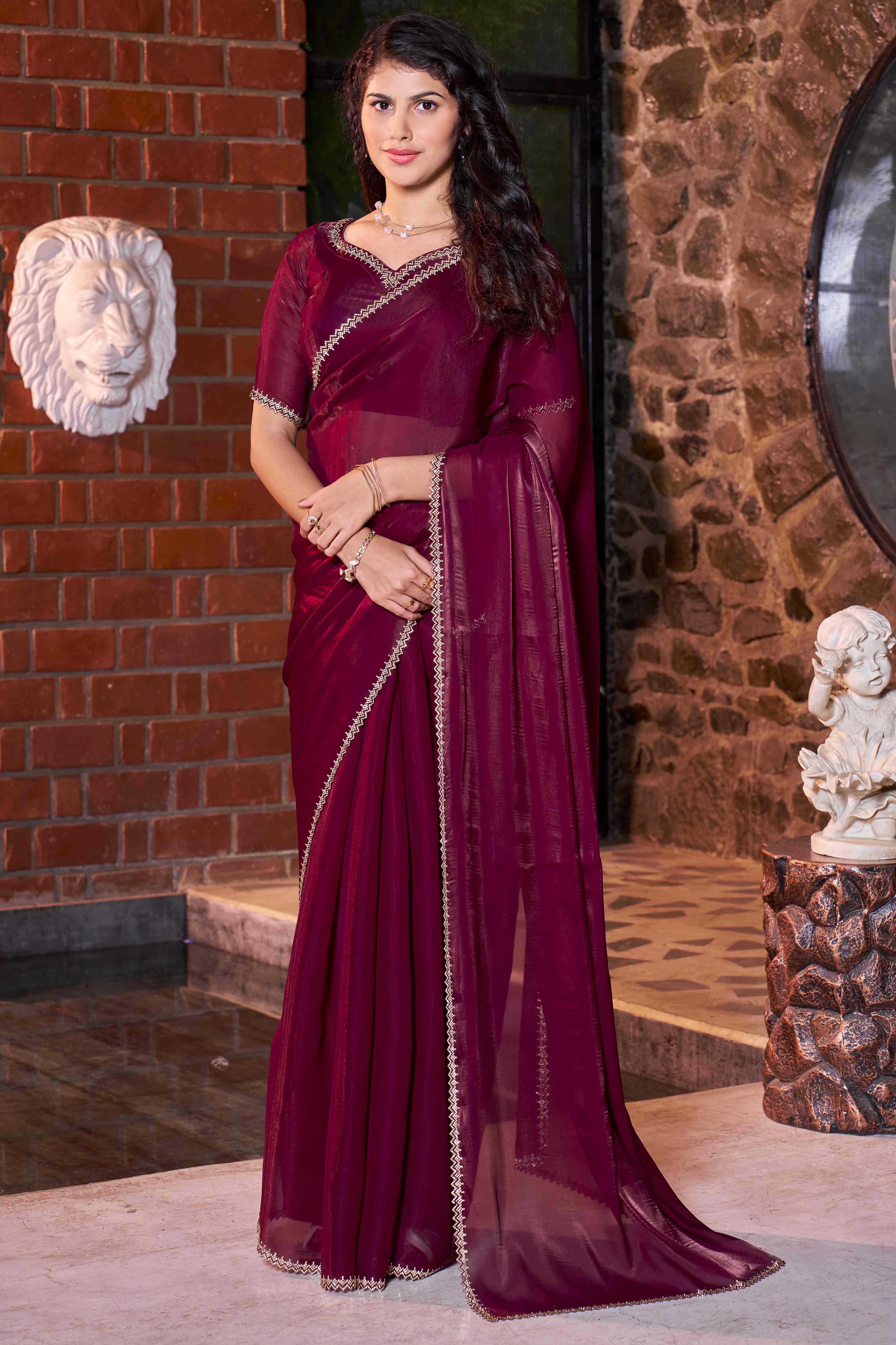 Wine Swarovski Work Embroidered Satin Silk Saree