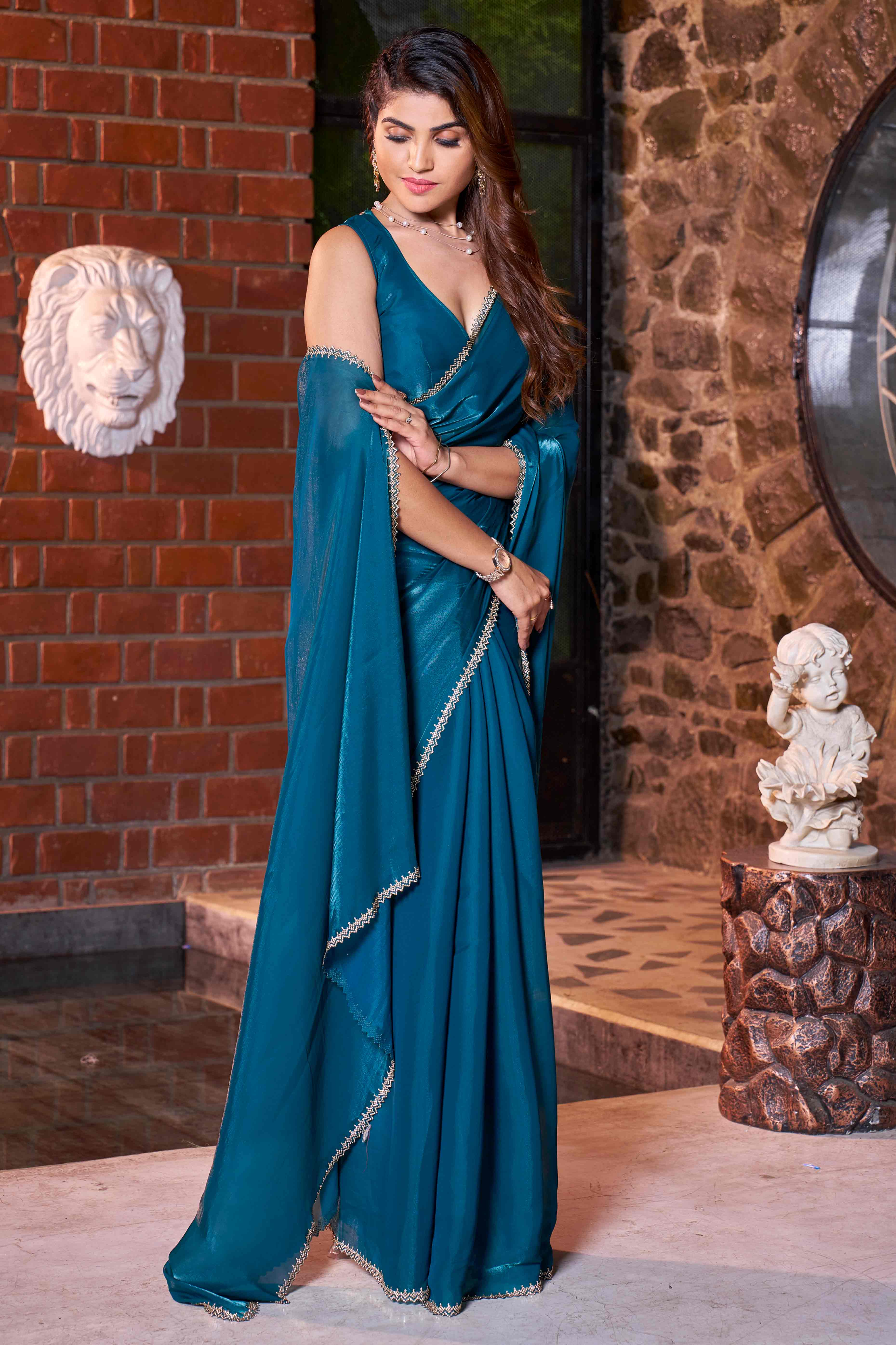 Teal Swarovski Work Embroidered Satin Silk Saree