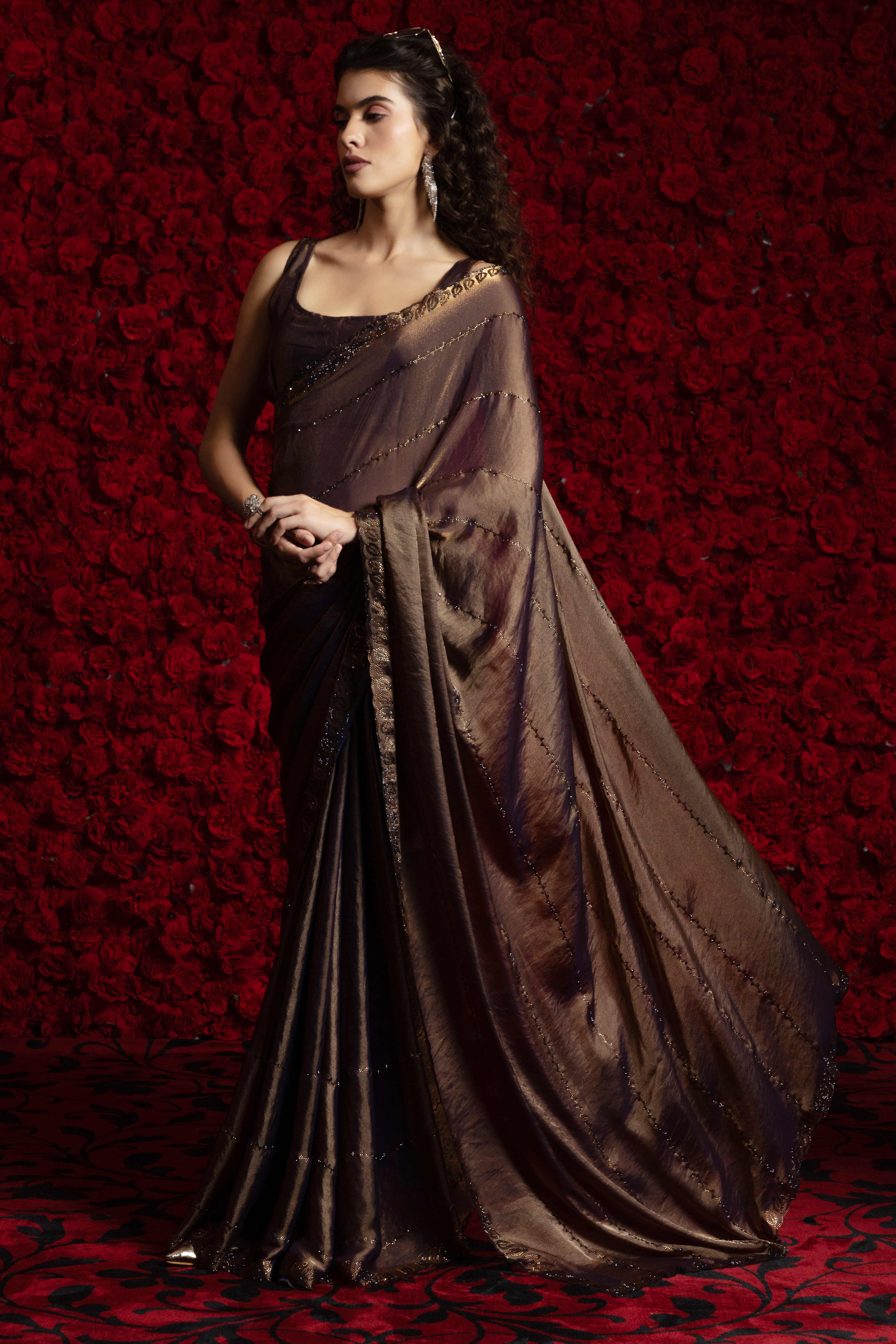Coffee Brown Satin Silk Saree with Dazzling Stone Embellishments for Special Occasions